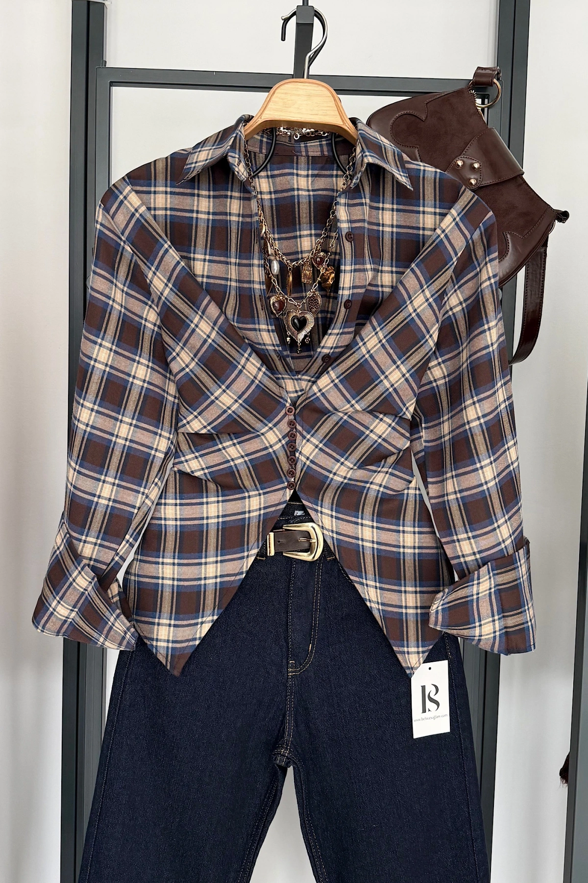 Ekose Desen Düğme Detaylı Gömlek Kahve-Bej