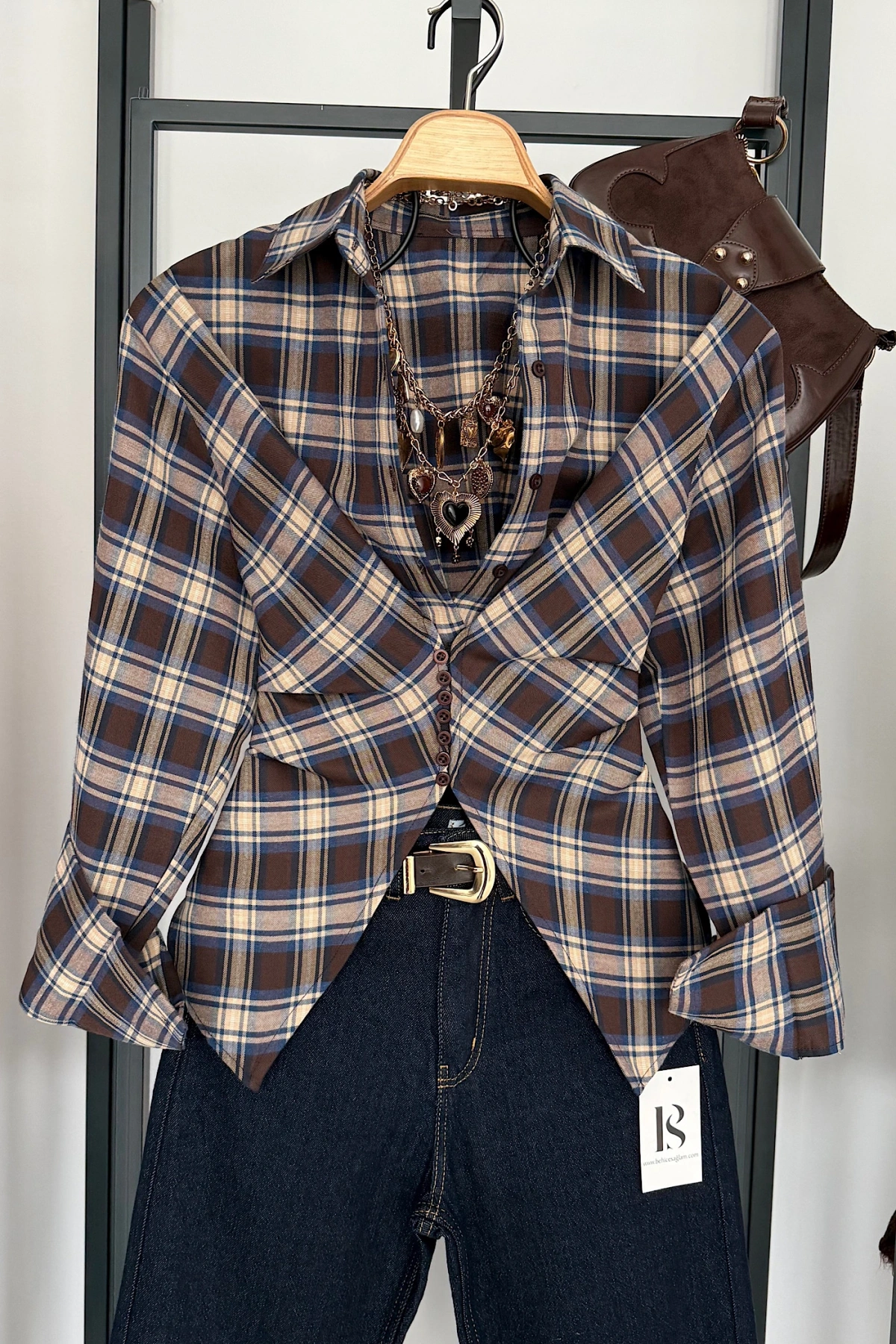 Ekose Desen Düğme Detaylı Gömlek Kahve-Bej