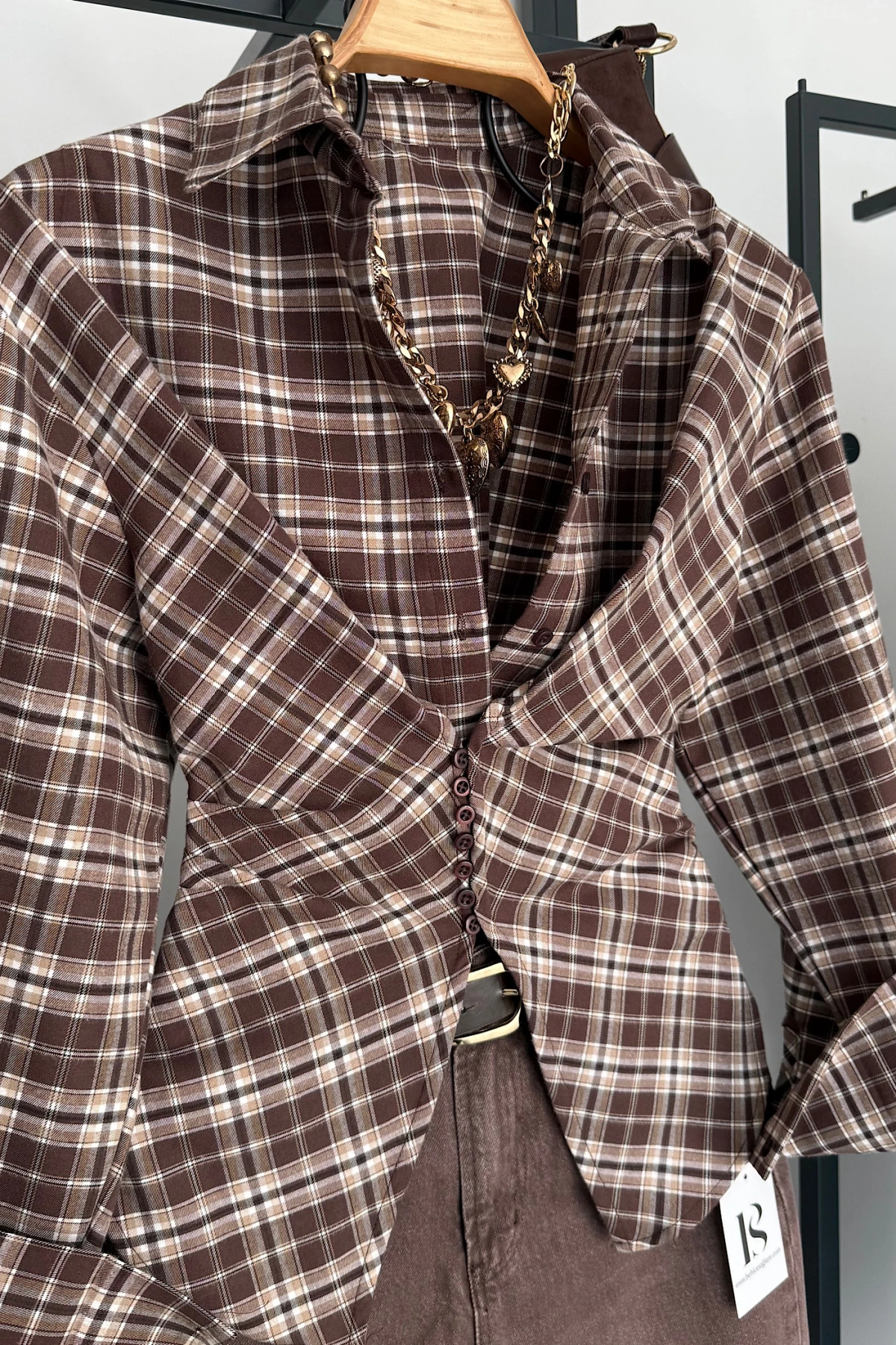 Ekose Desen Düğme Detaylı Gömlek Kahve-Ekru