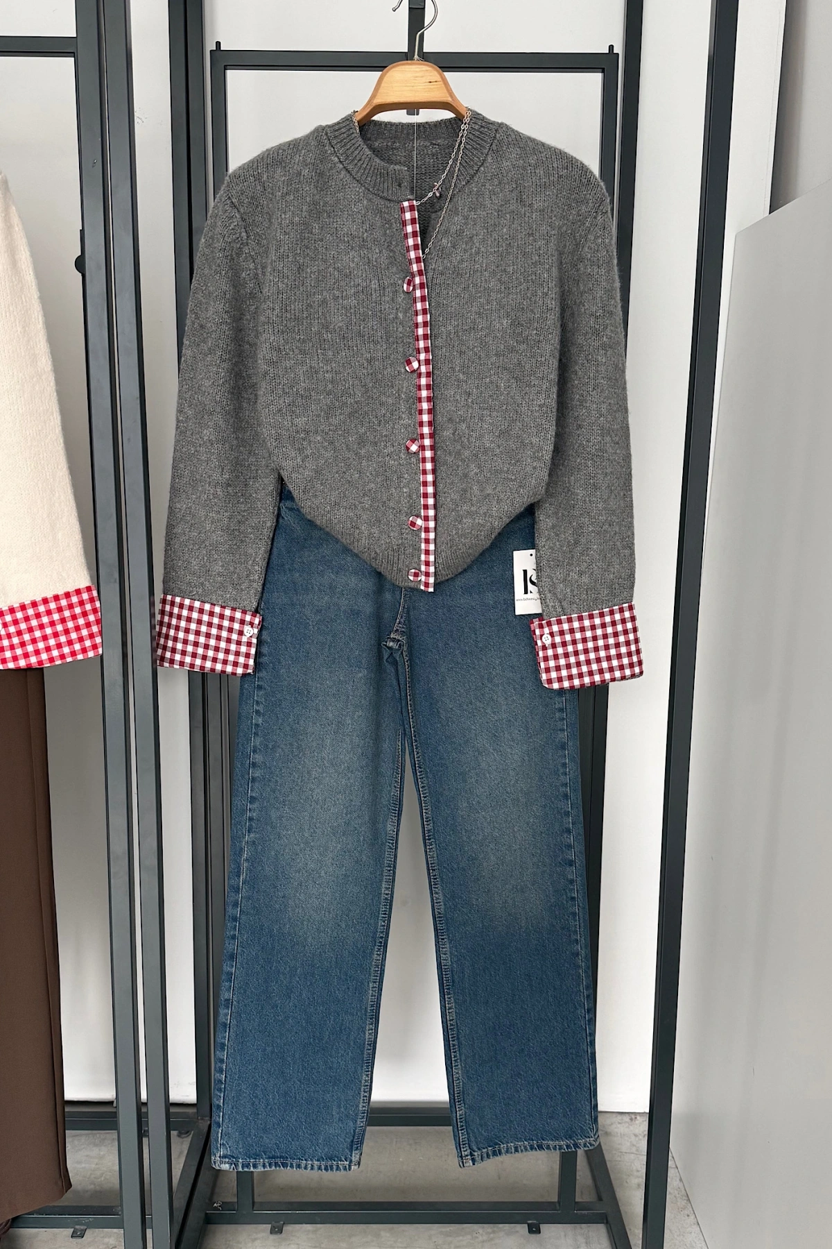 Ekose Düğmeli Triko Hırka Gri