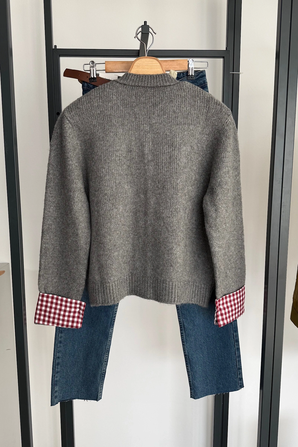 Ekose Düğmeli Triko Hırka Gri