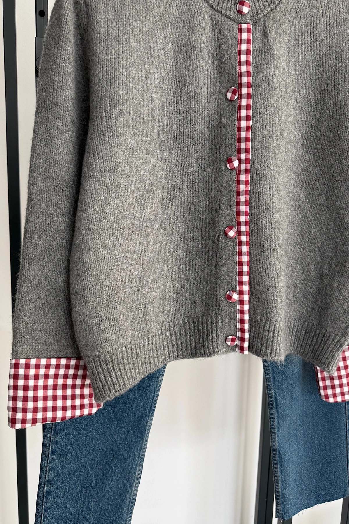 Ekose Düğmeli Triko Hırka Gri