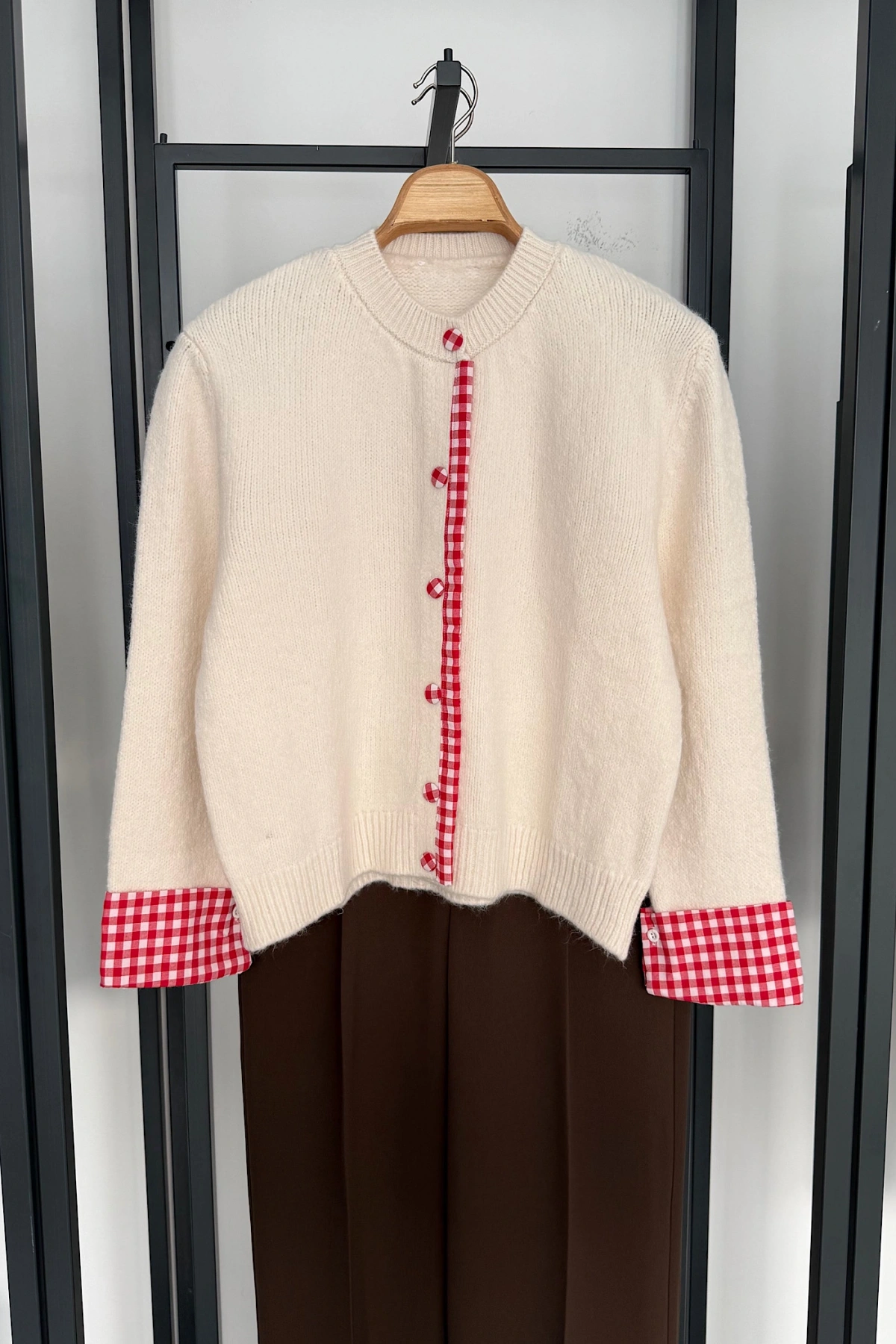 Ekose Düğmeli Triko Hırka Krem