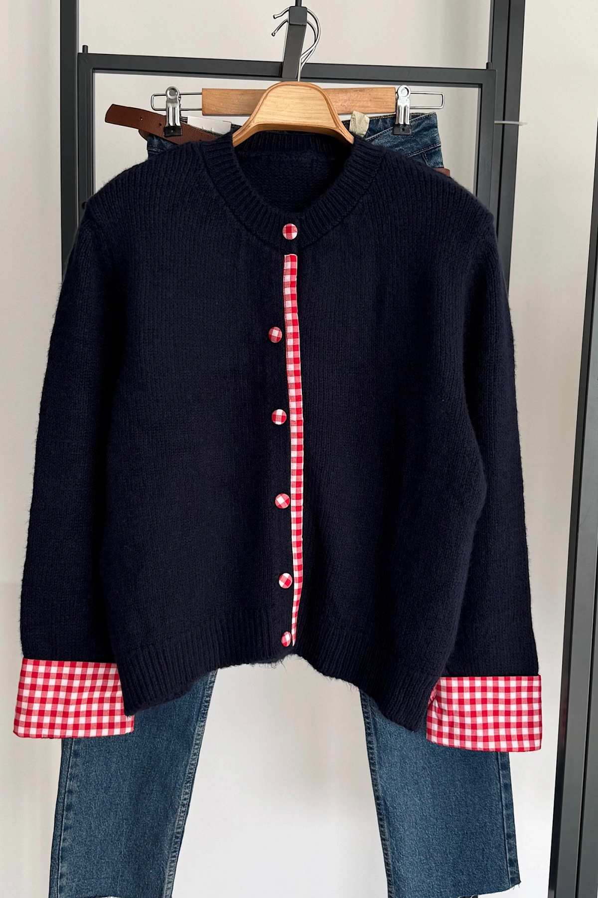 Ekose Düğmeli Triko Hırka Lacivert