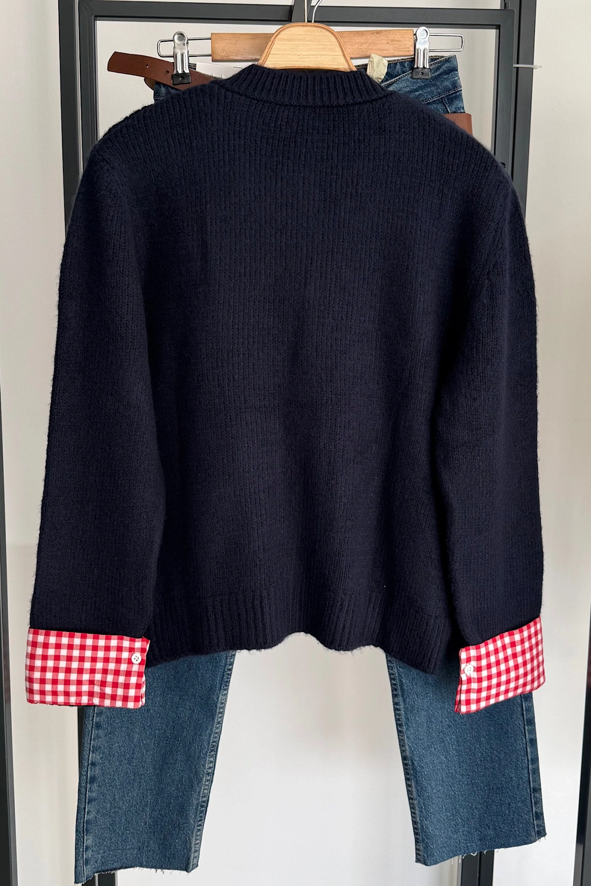 Ekose Düğmeli Triko Hırka Lacivert