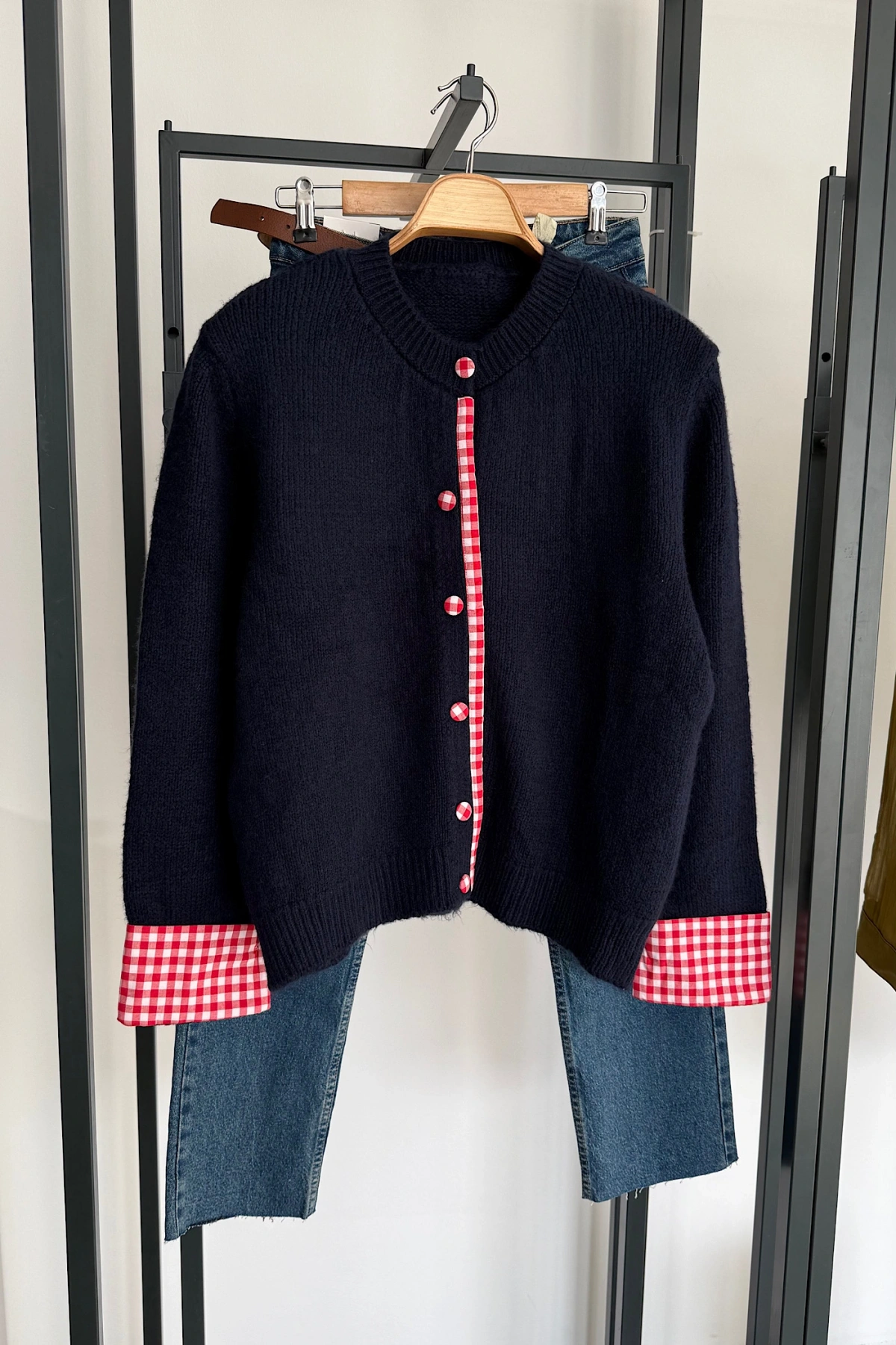 Ekose Düğmeli Triko Hırka Lacivert