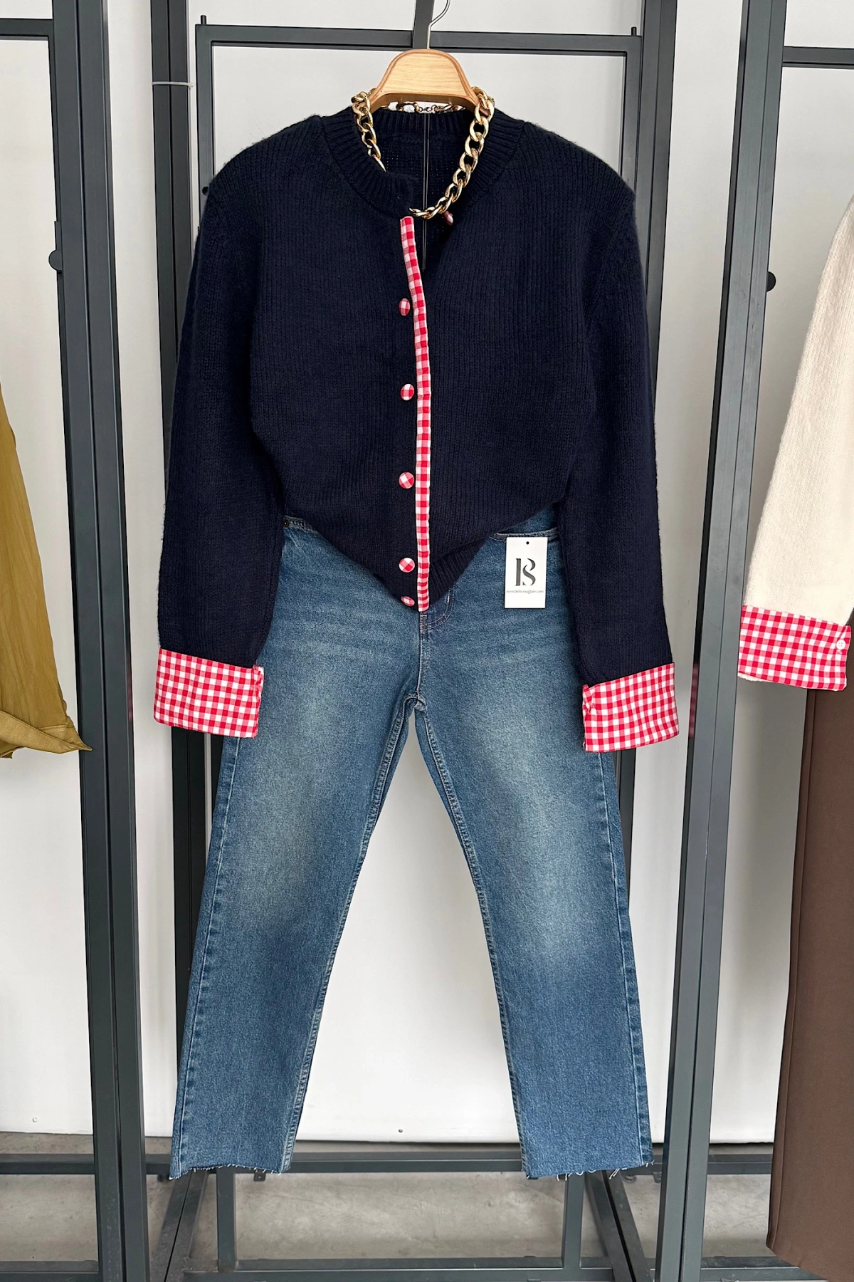 Ekose Düğmeli Triko Hırka Lacivert