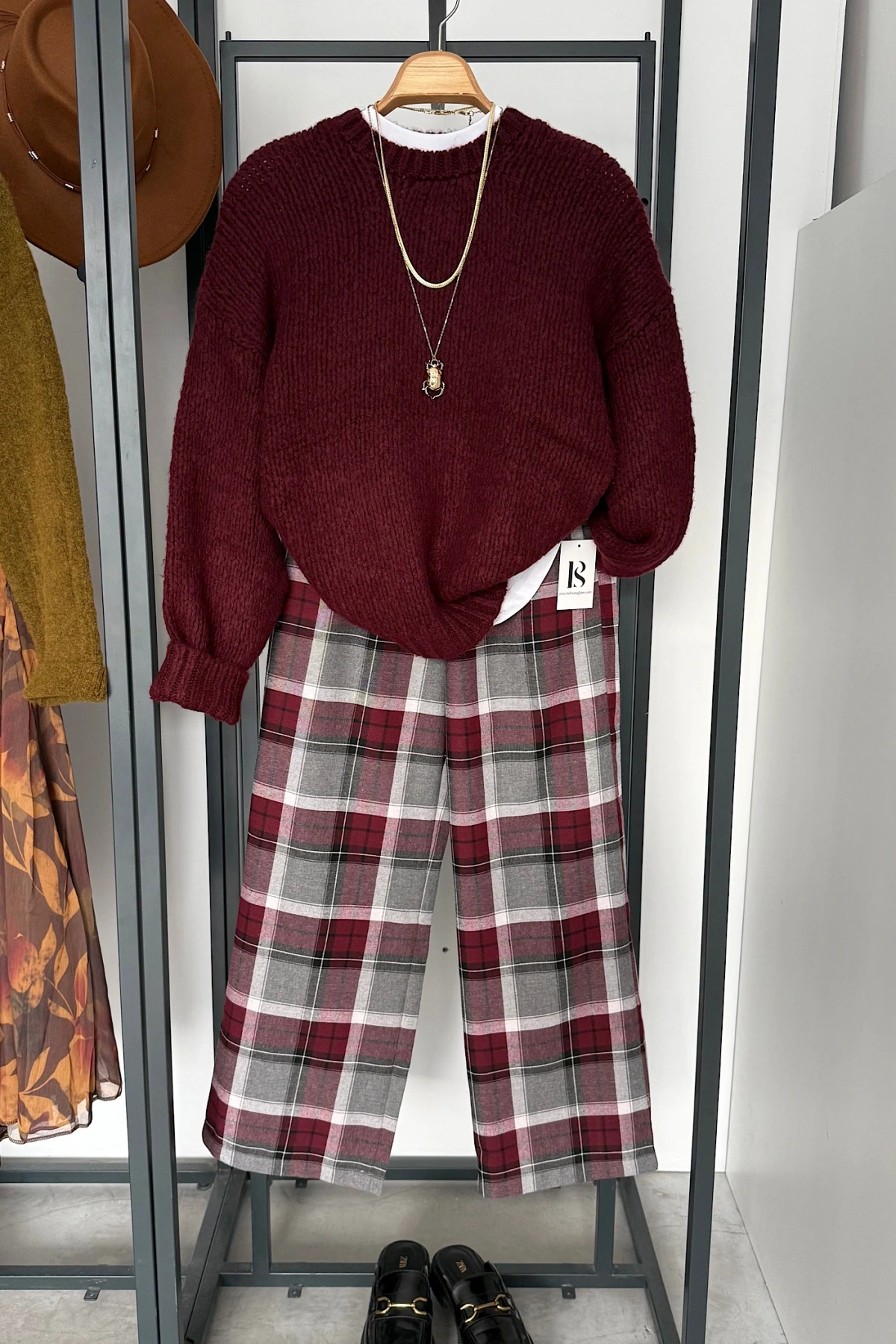 Ekose Pantolon Bordo-Gri