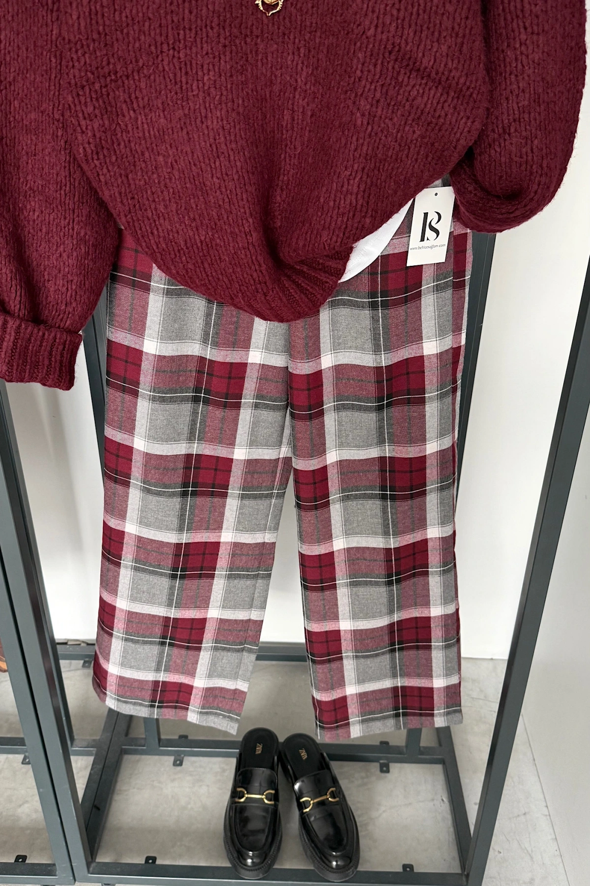 Ekose Pantolon Bordo-Gri