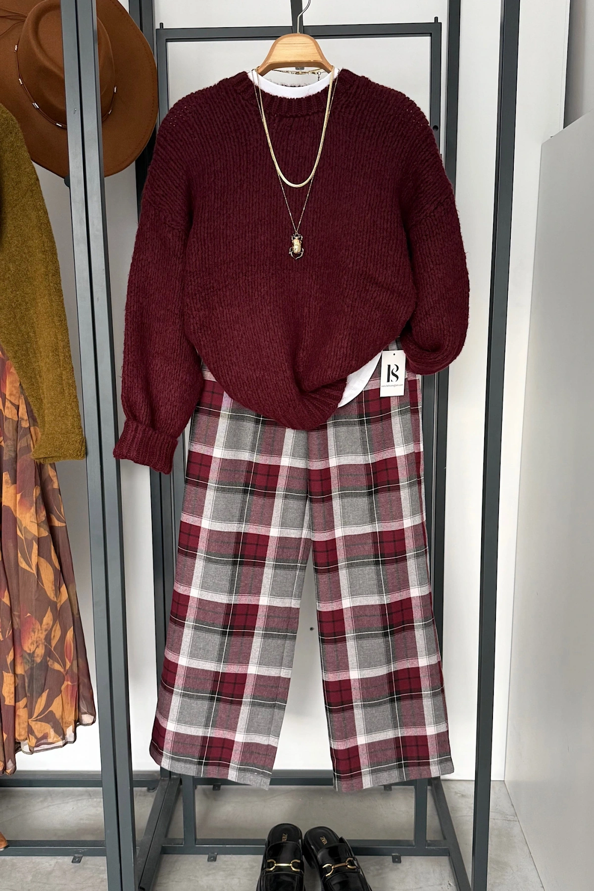 Ekose Pantolon Bordo-Gri