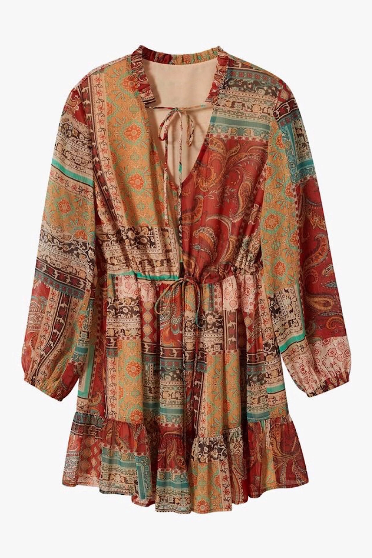 Ethnic Pattern Waist Lace-Up Dress