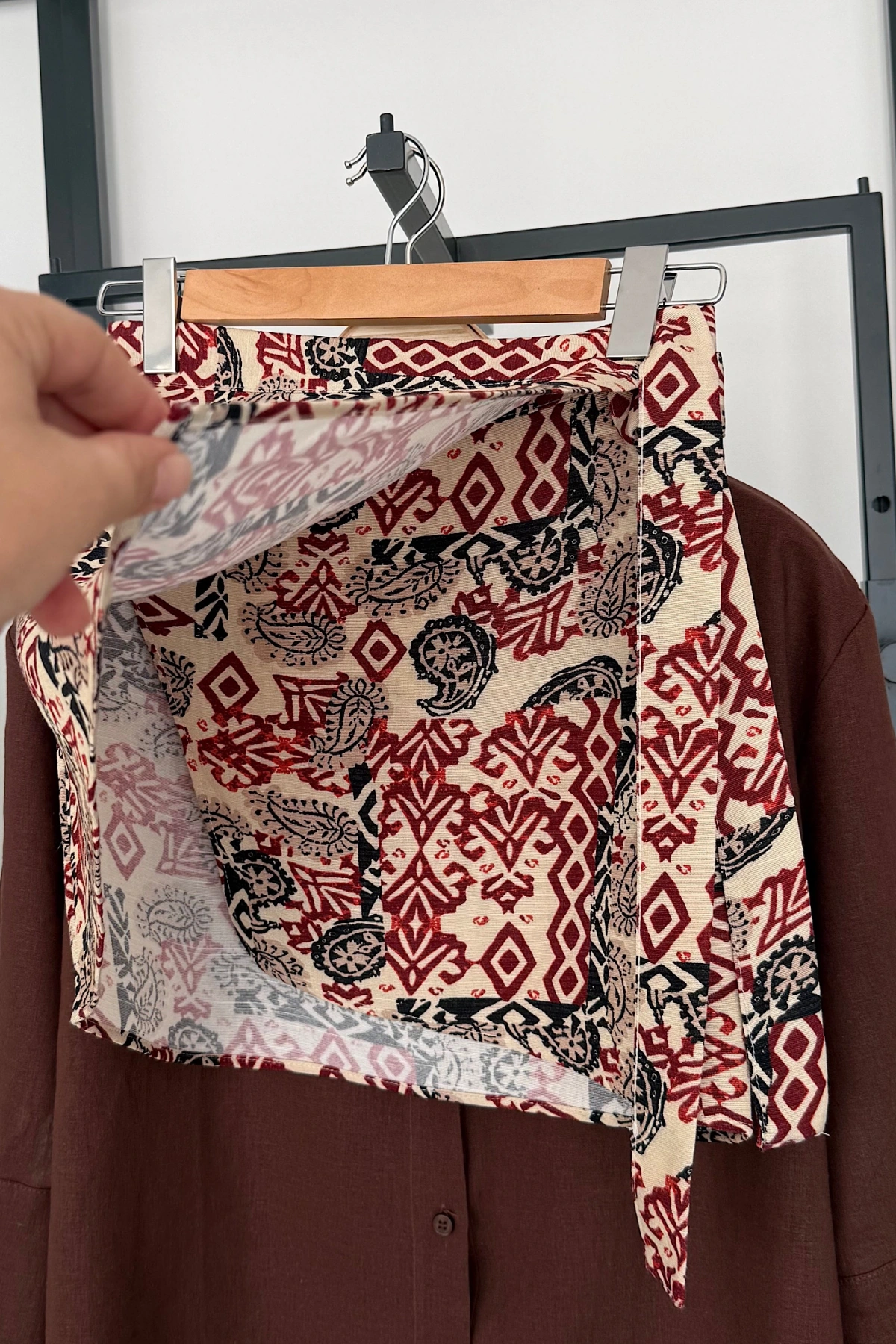 Etnik Desen Mini Şort Etek Bej