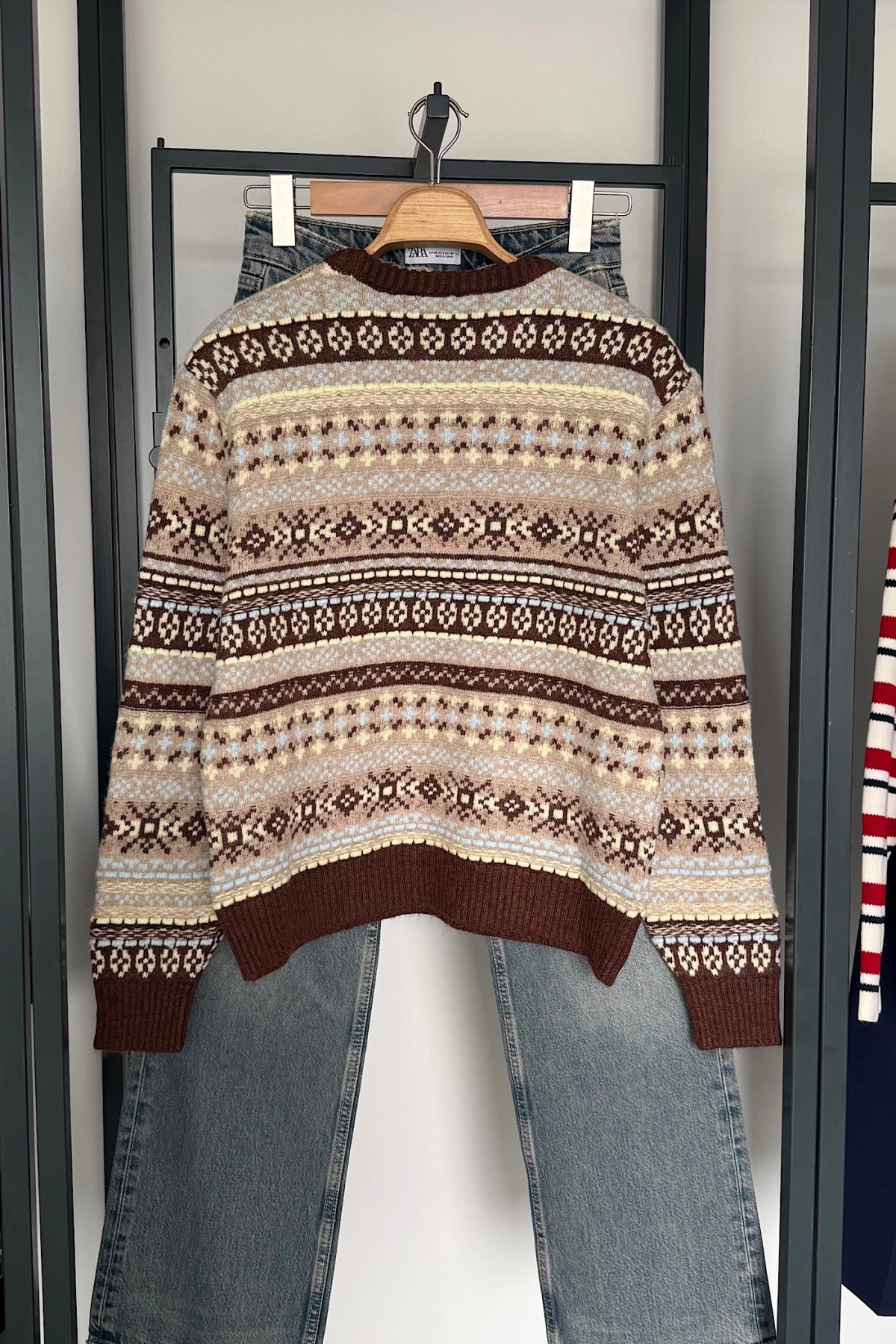 Etnik Desen Retro Triko Kazak Kahve-Sarı
