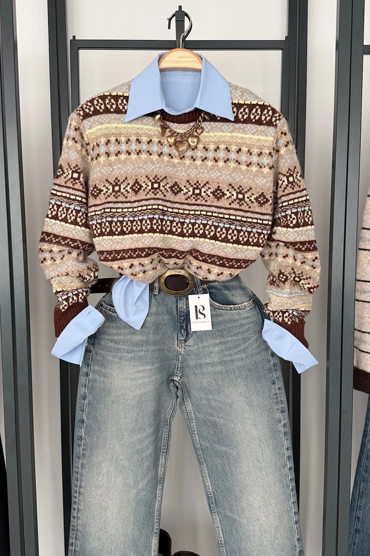 Etnik Desen Retro Triko Kazak Kahve-Sarı