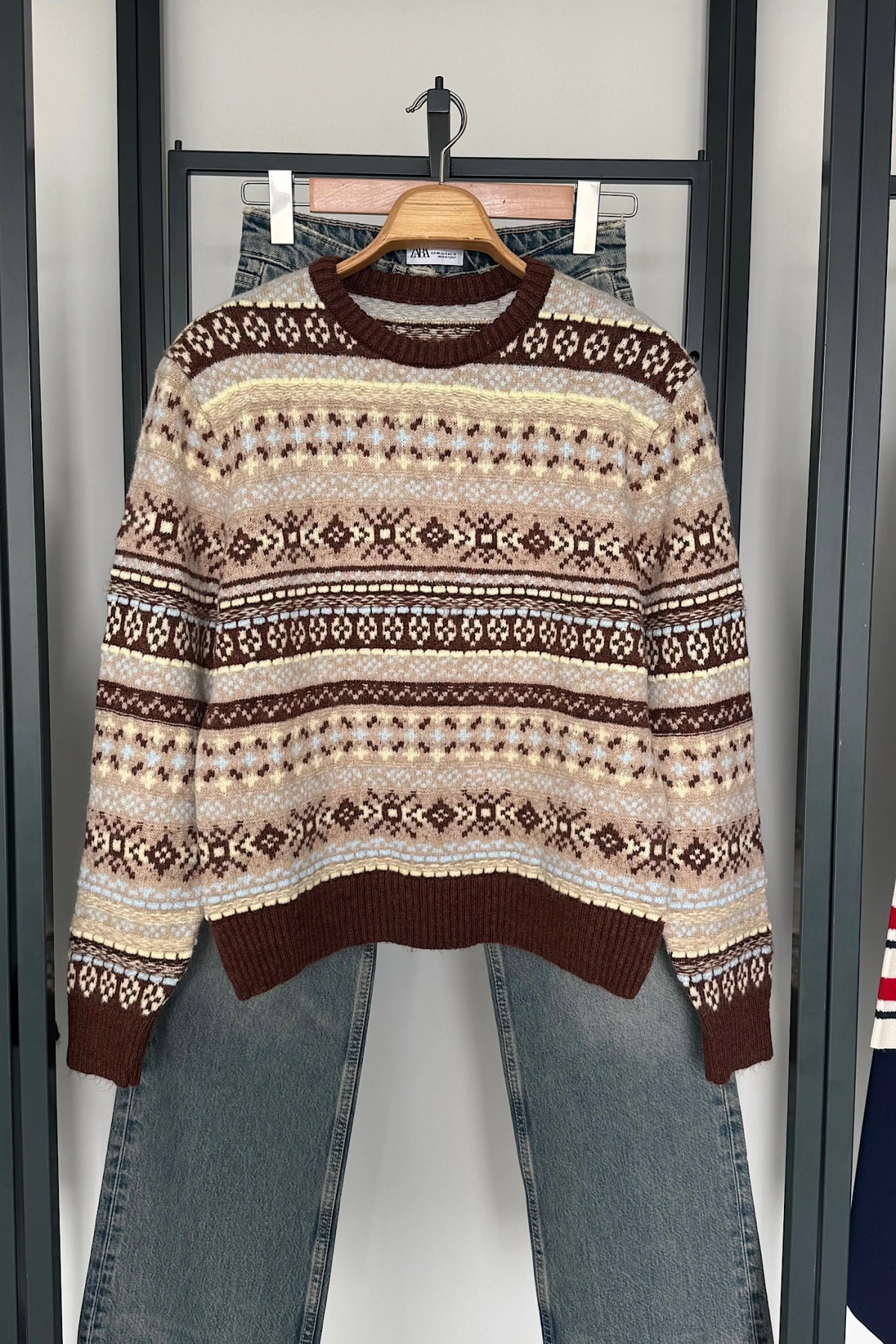 Etnik Desen Retro Triko Kazak Kahve-Sarı