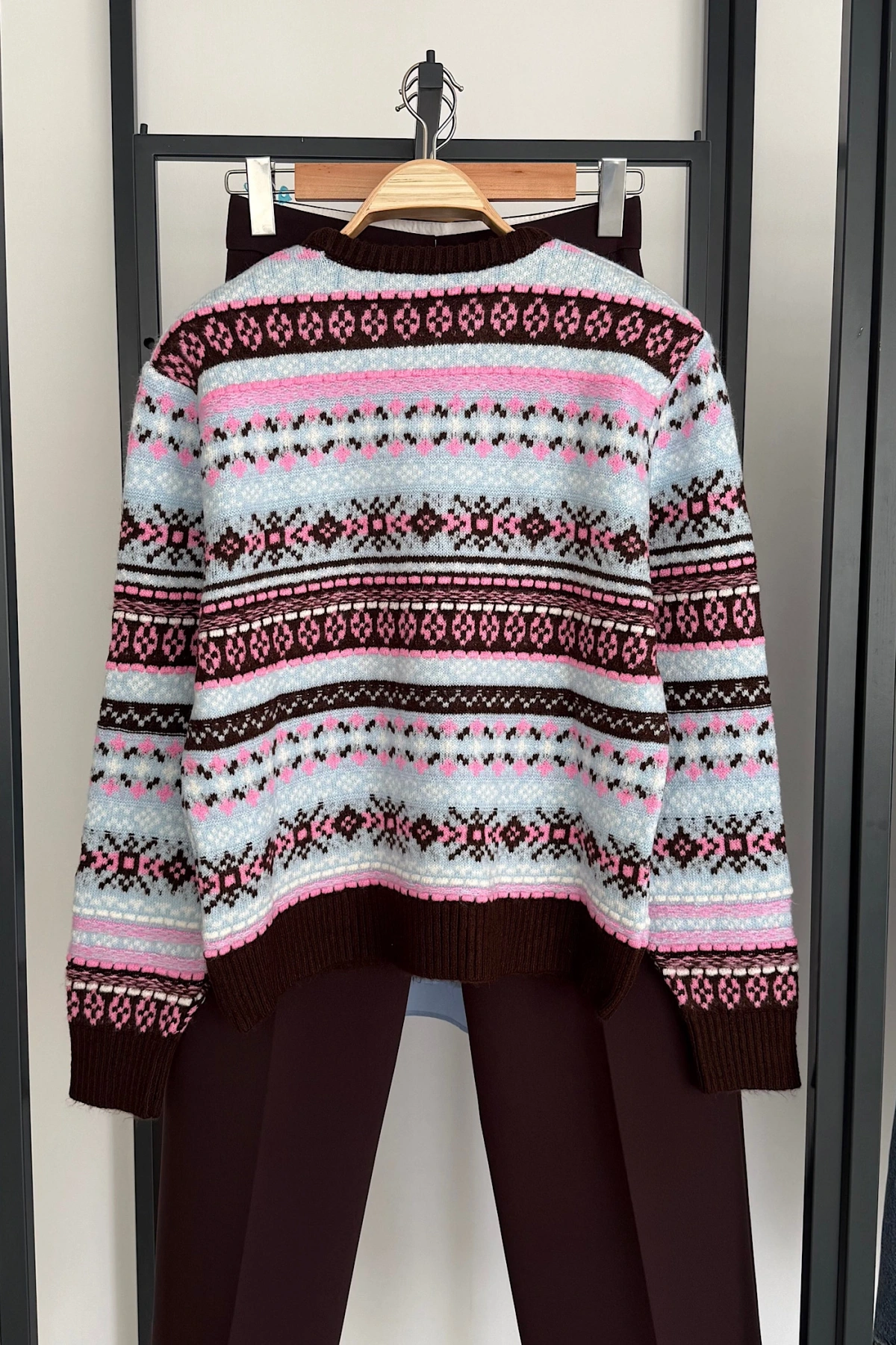 Etnik Desen Retro Triko Kazak Pembe-Mavi