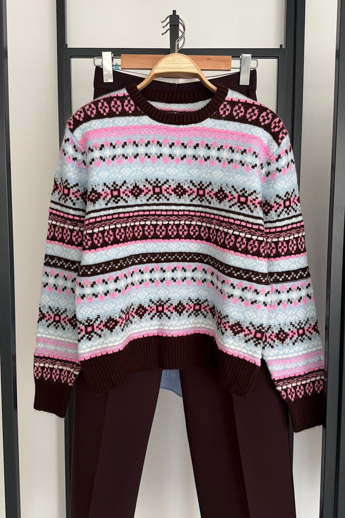 Etnik Desen Retro Triko Kazak Pembe-Mavi