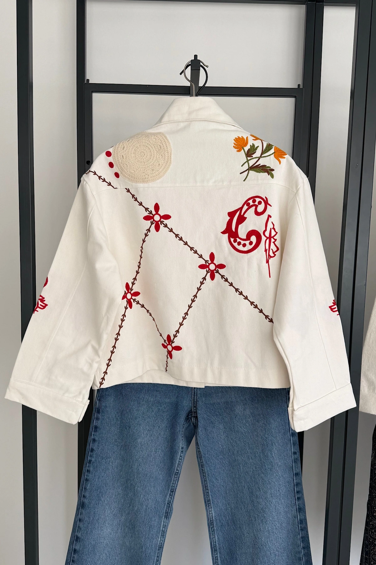 Floral Denim Ceket Ekru