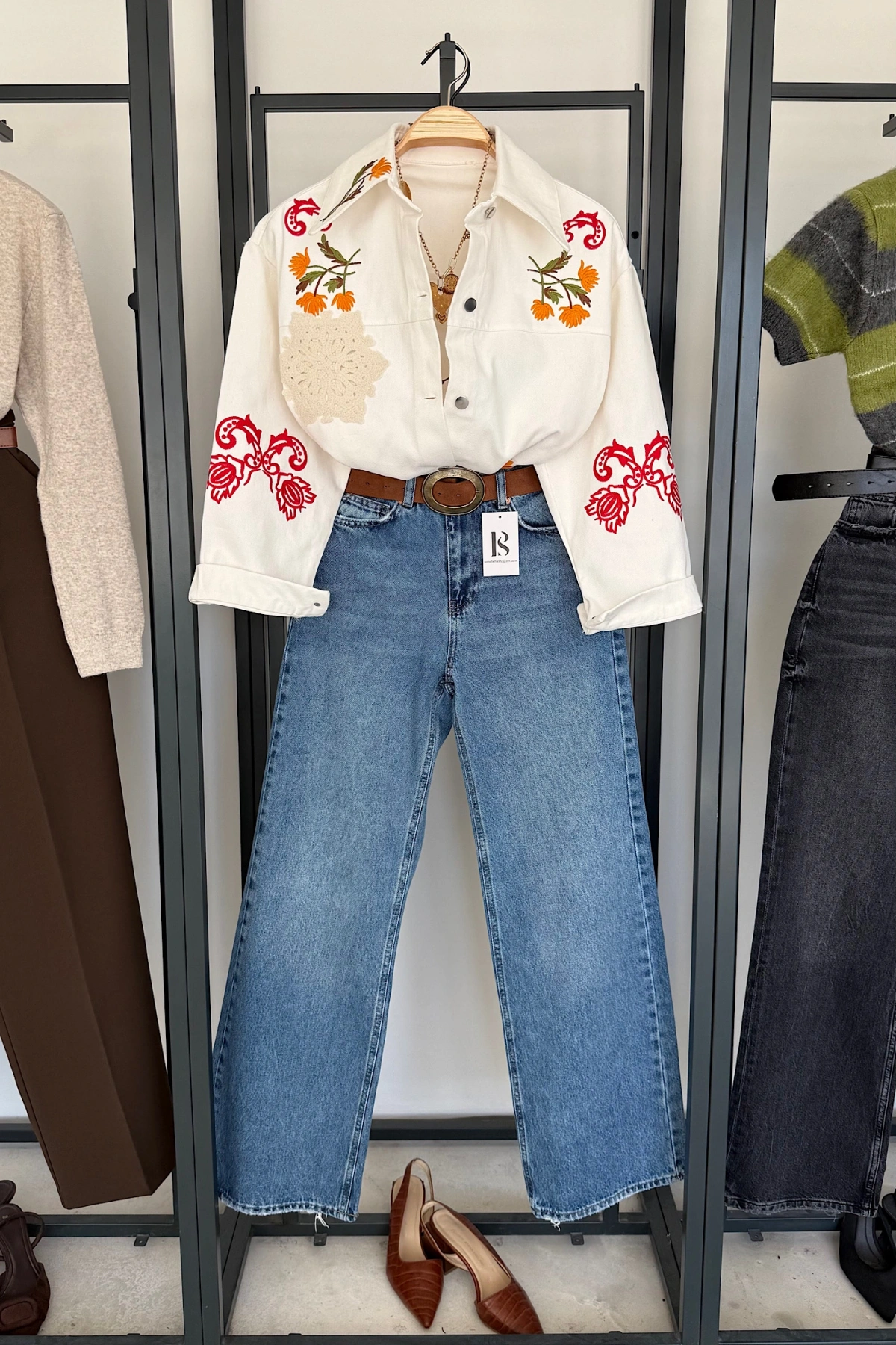 Floral Denim Ceket Ekru