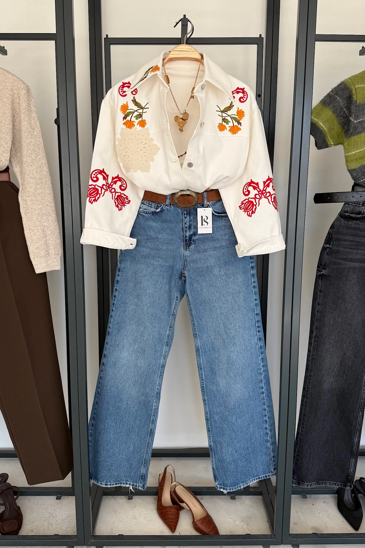 Floral Denim Ceket Ekru