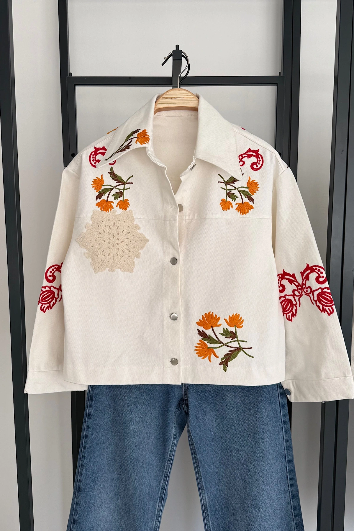Floral Denim Ceket Ekru