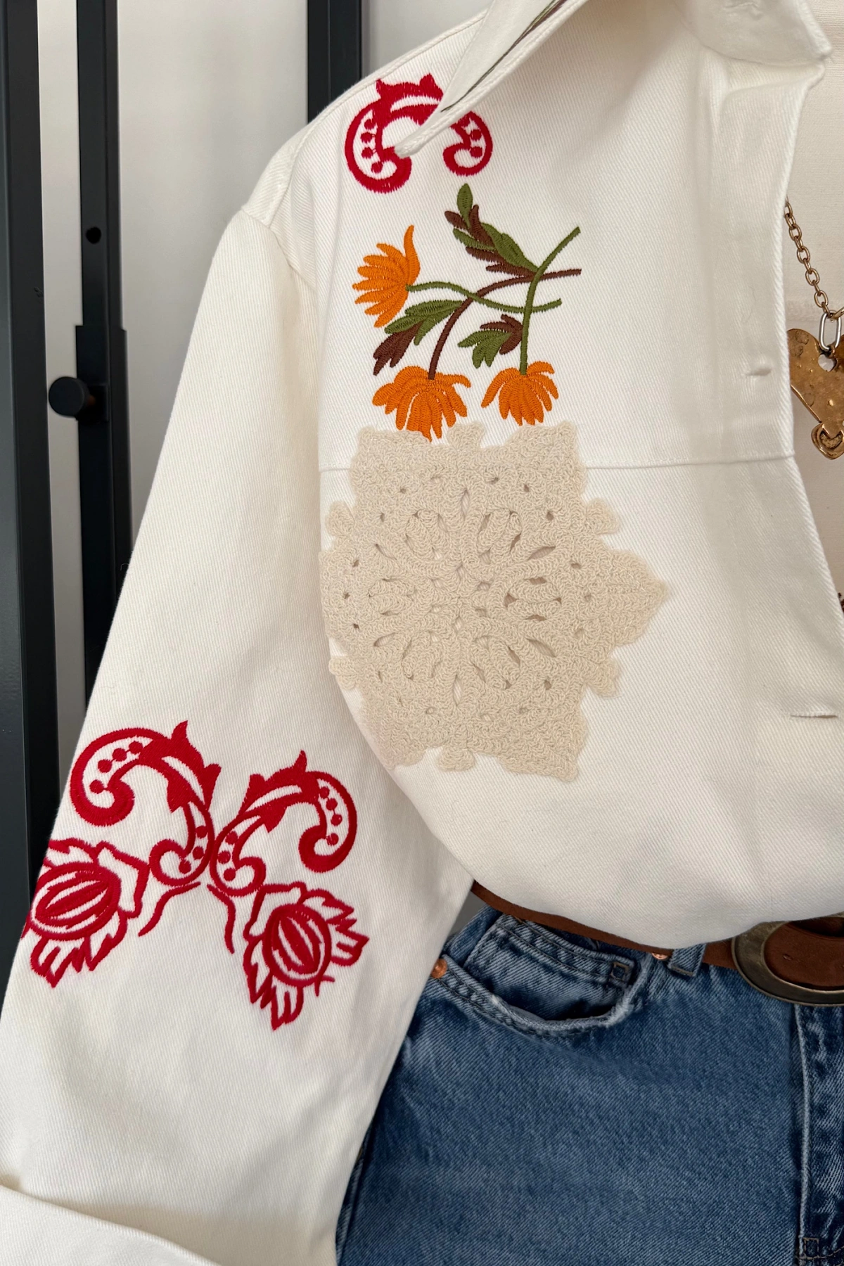 Floral Denim Ceket Ekru