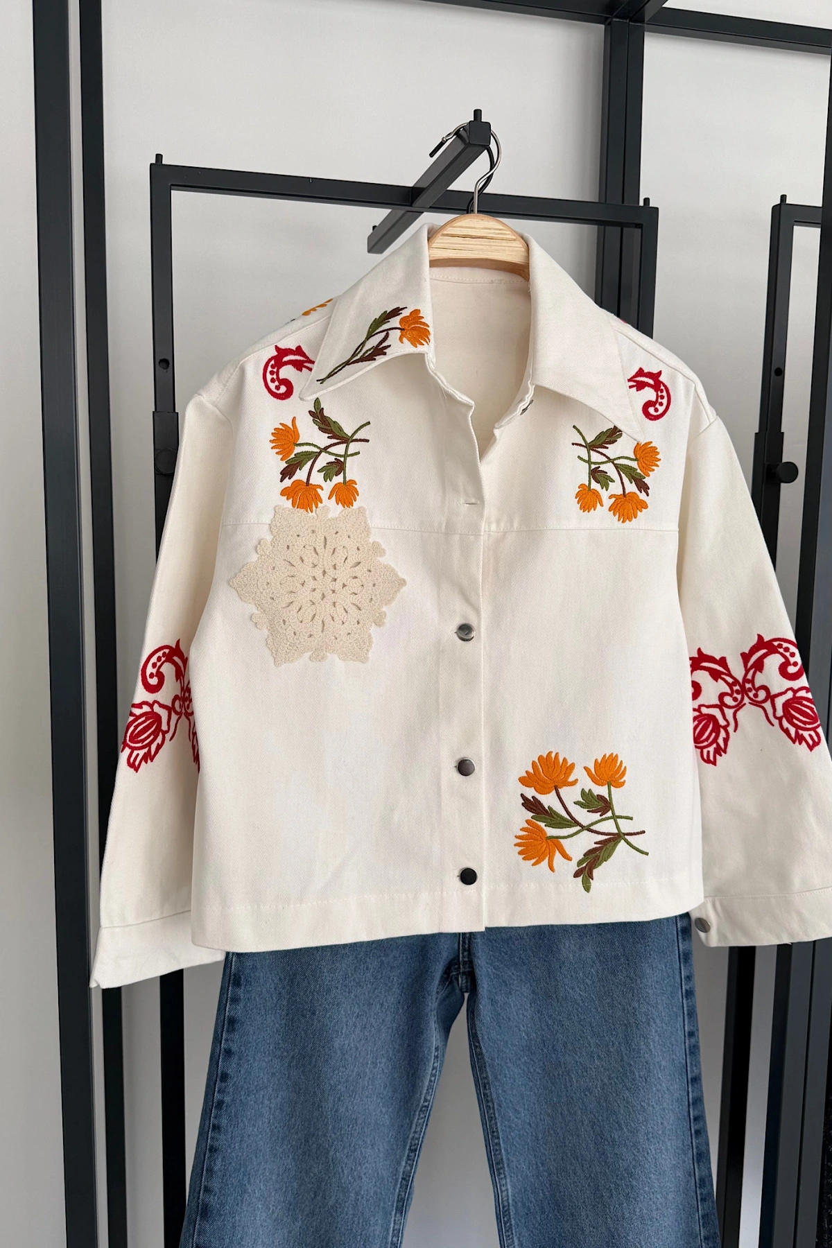 Floral Denim Ceket Ekru