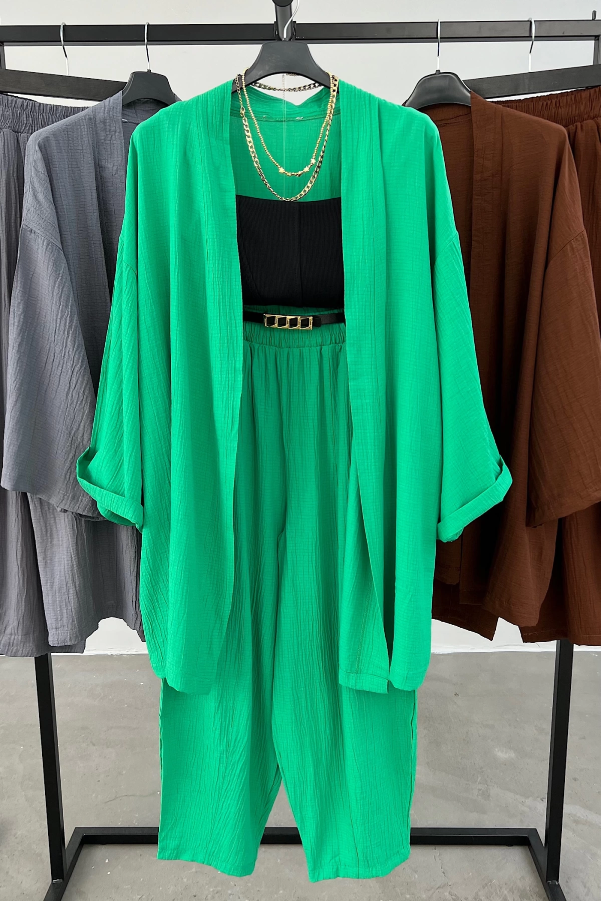 Gofre Kimono Kadın Takım Yeşil