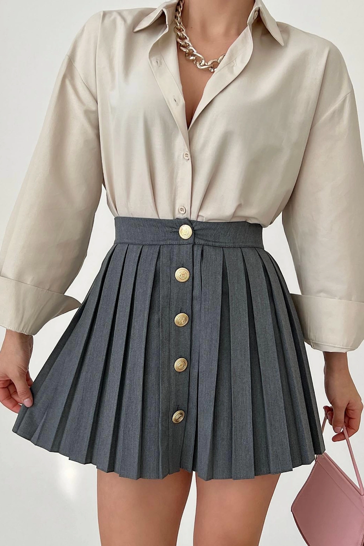 Gold Button Pleated Skirt