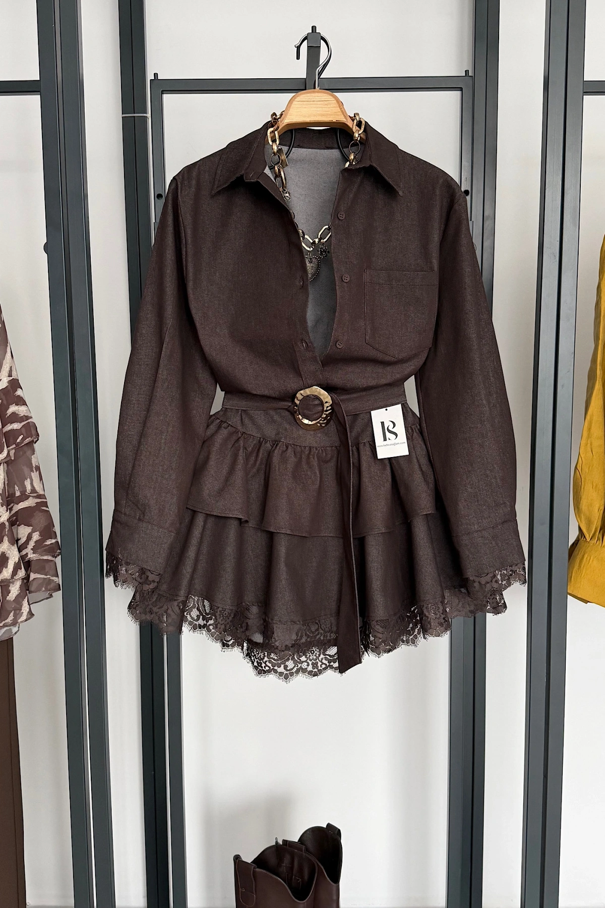 Gold Kemerli Dantel Detaylı Denim Elbise Acı Kahve