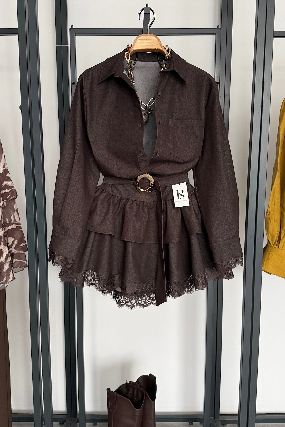 Gold Kemerli Dantel Detaylı Denim Elbise Acı Kahve