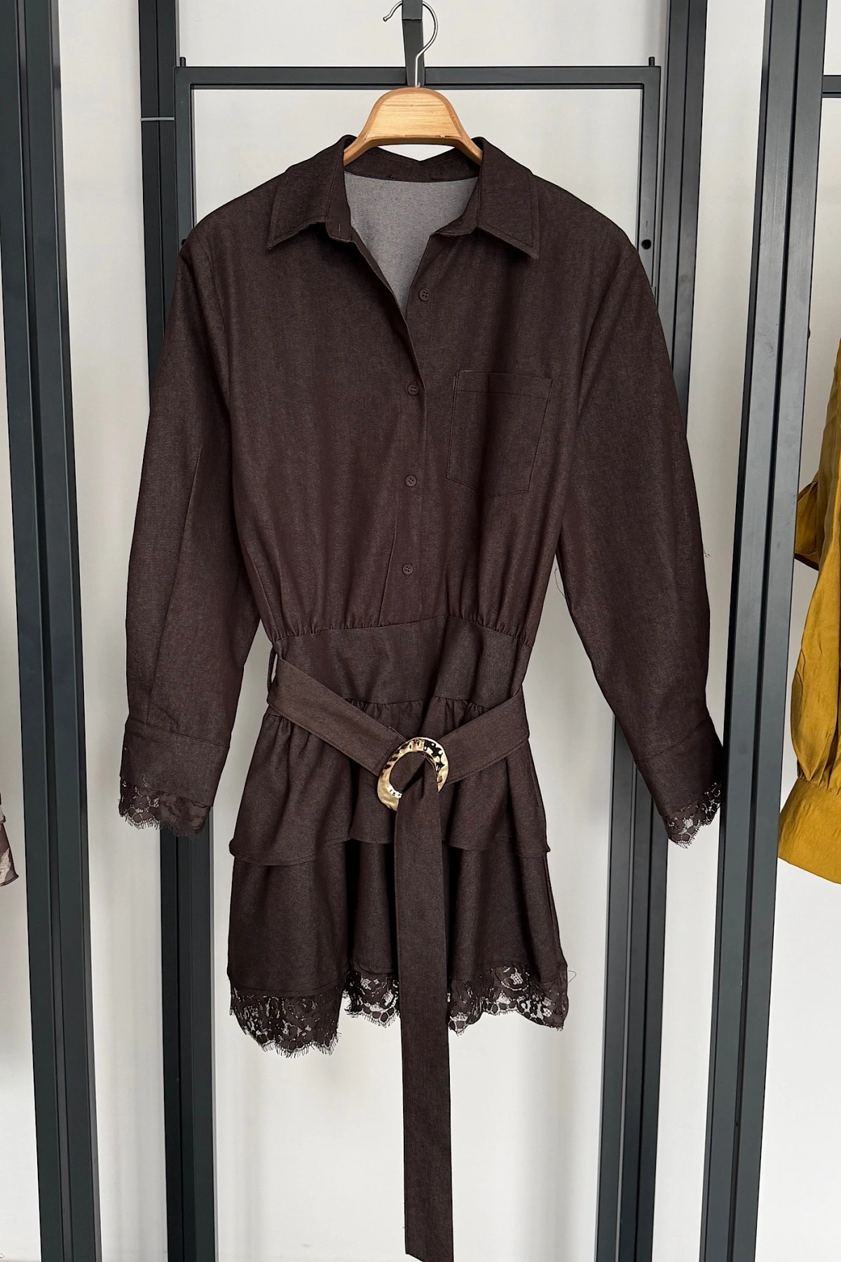 Gold Kemerli Dantel Detaylı Denim Elbise Acı Kahve