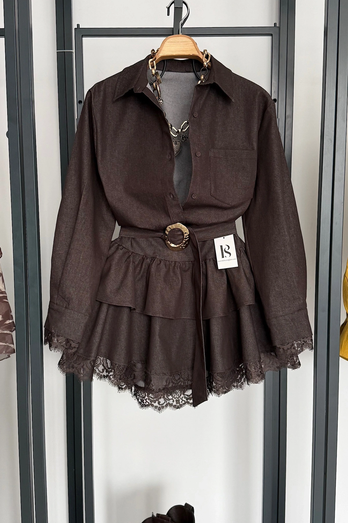 Gold Kemerli Dantel Detaylı Denim Elbise Acı Kahve