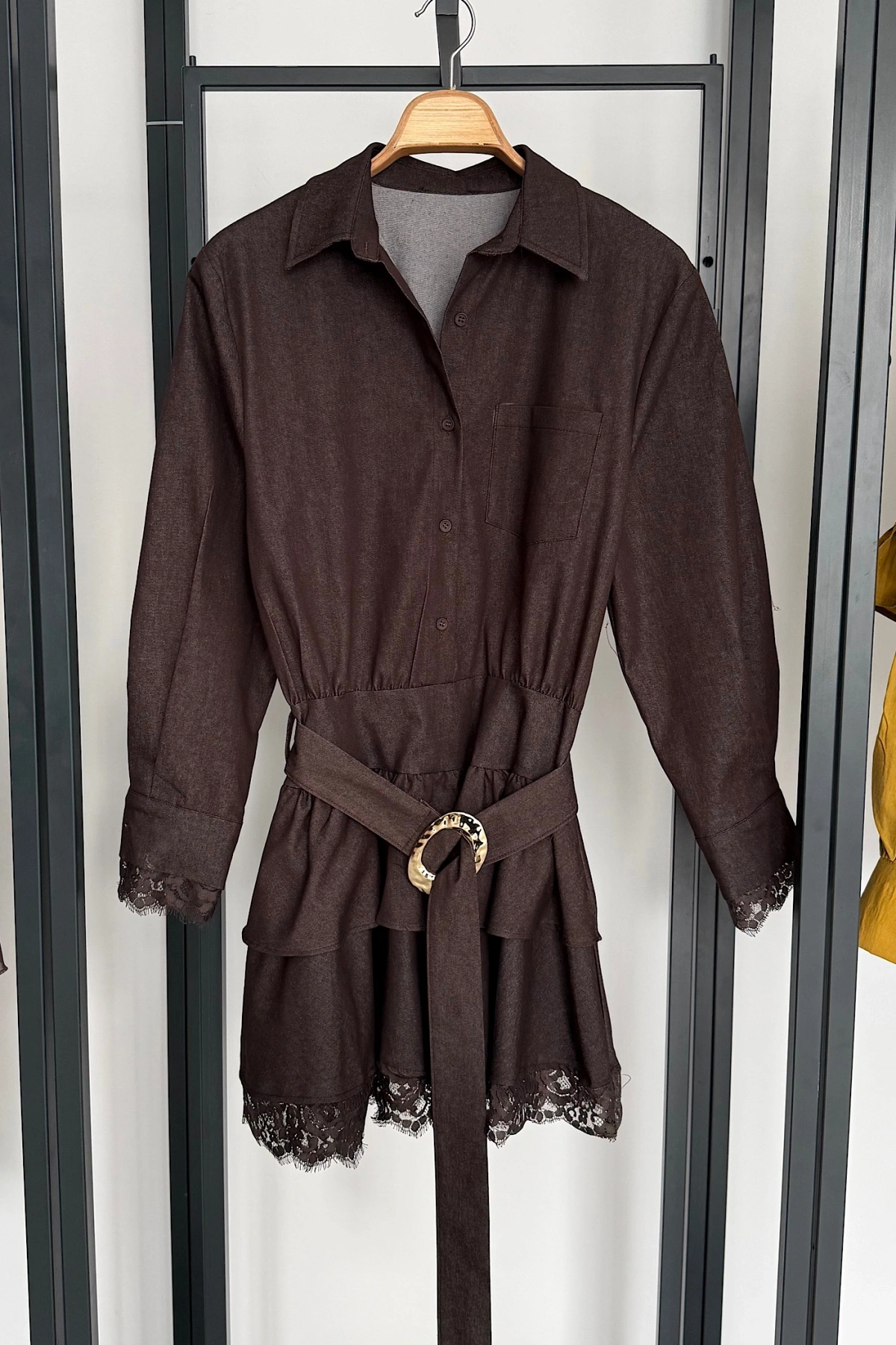 Gold Kemerli Dantel Detaylı Denim Elbise Acı Kahve