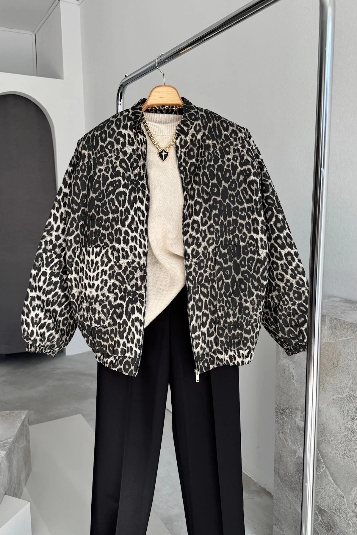 İçi Kapitone Leopar Bomber Mont Leopar