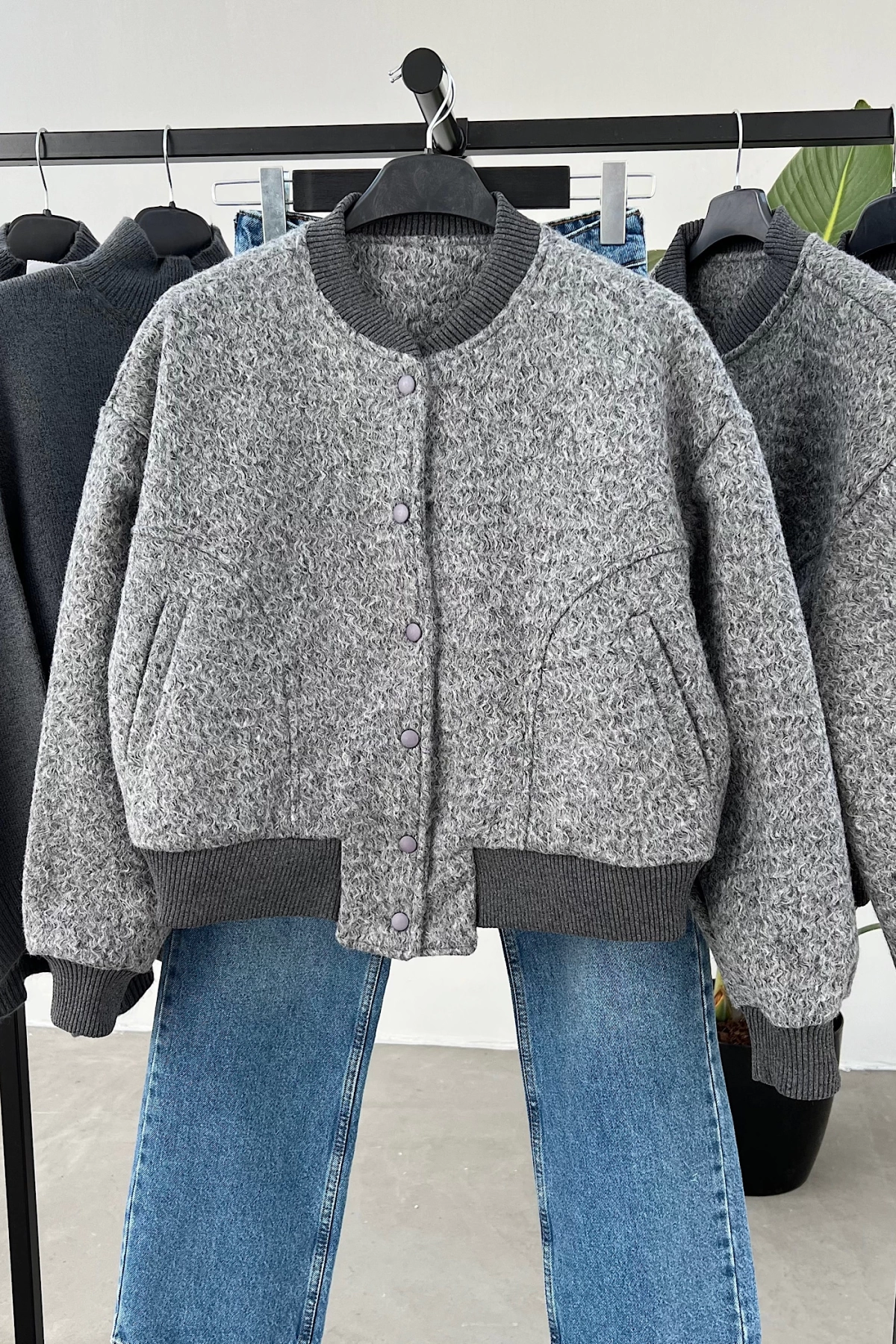 Kaşe İki Cepli Bomber Ceket Gri