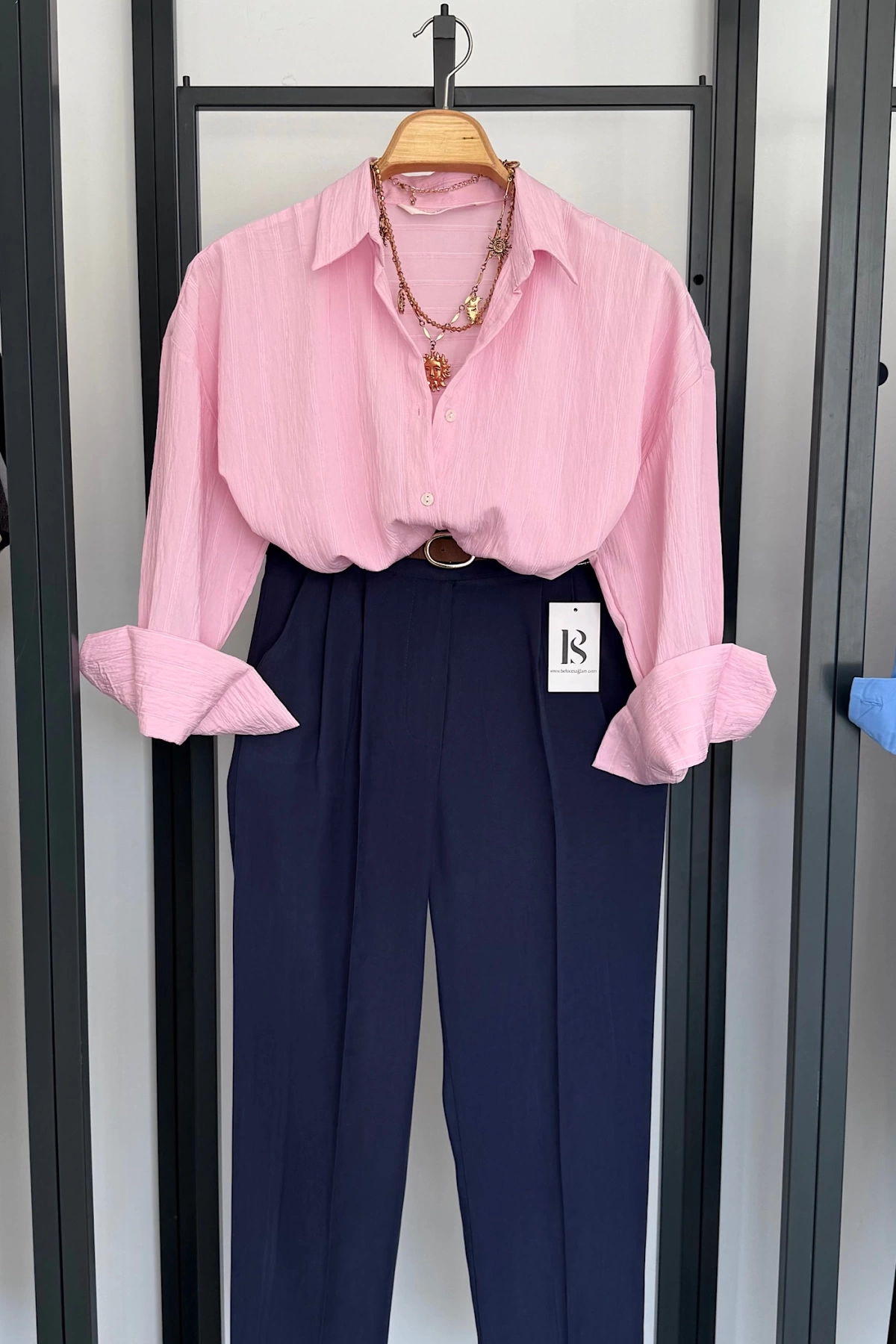 Kabartma Çizgili Oversize Gömlek Pembe