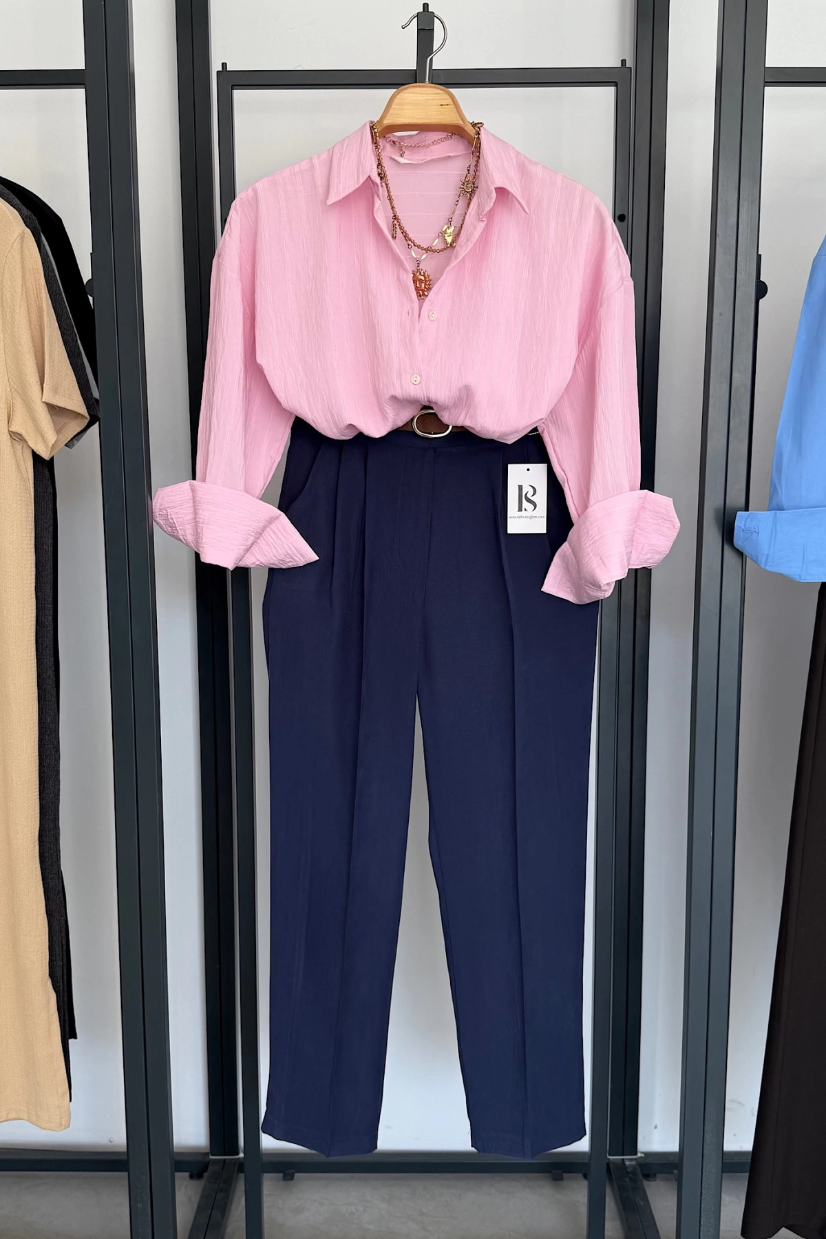 Kabartma Çizgili Oversize Gömlek Pembe