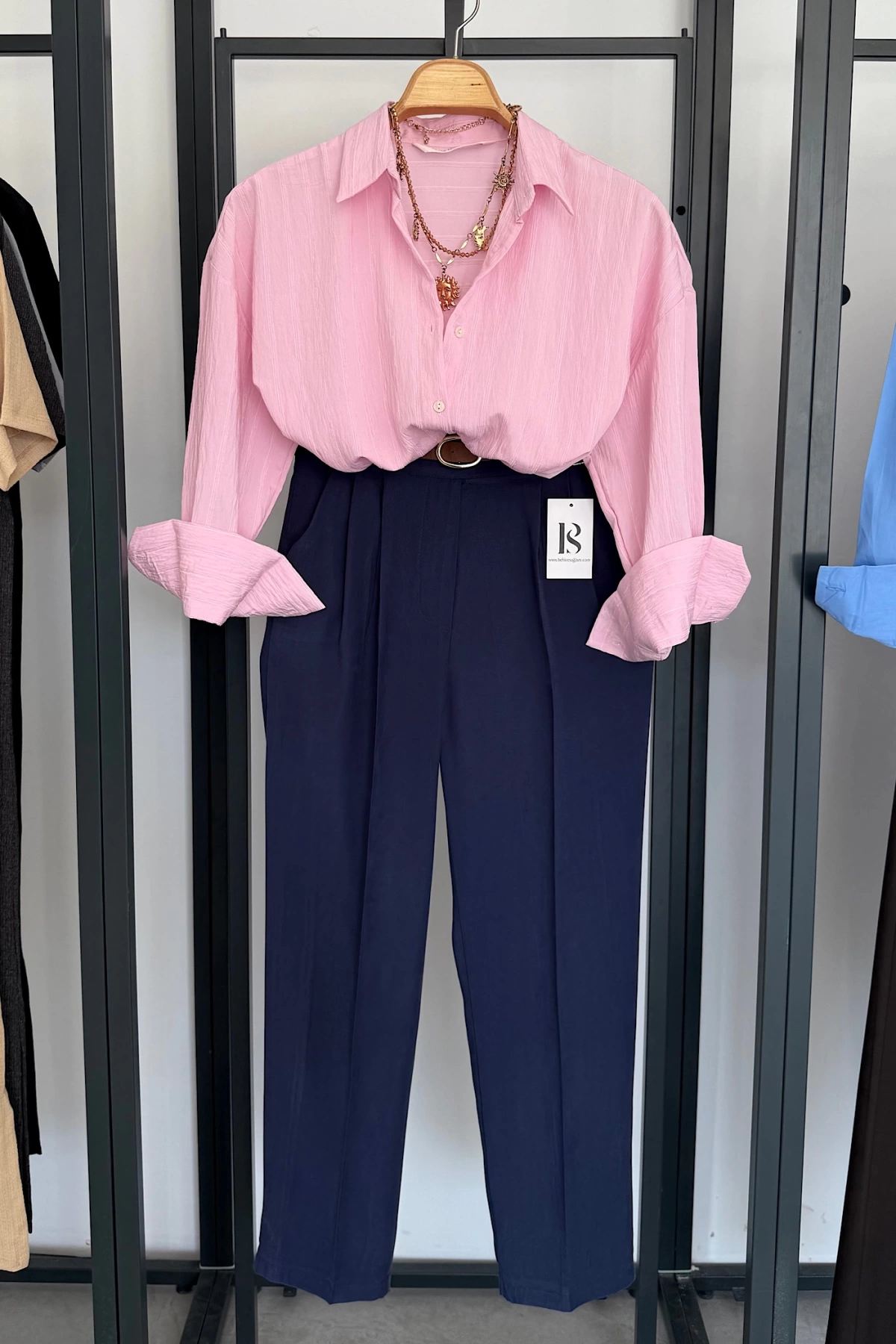 Kabartma Çizgili Oversize Gömlek Pembe