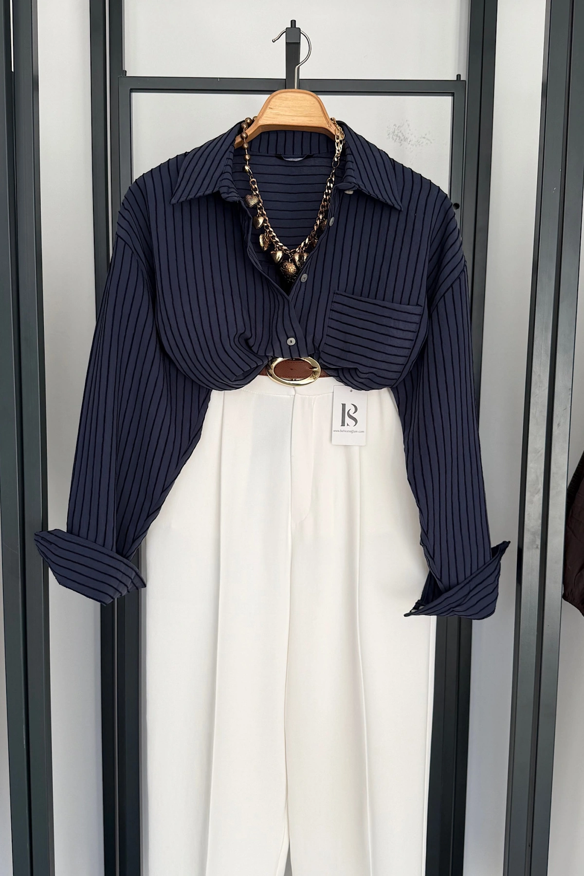 Kabartma Dokulu Oversize Gömlek Lacivert