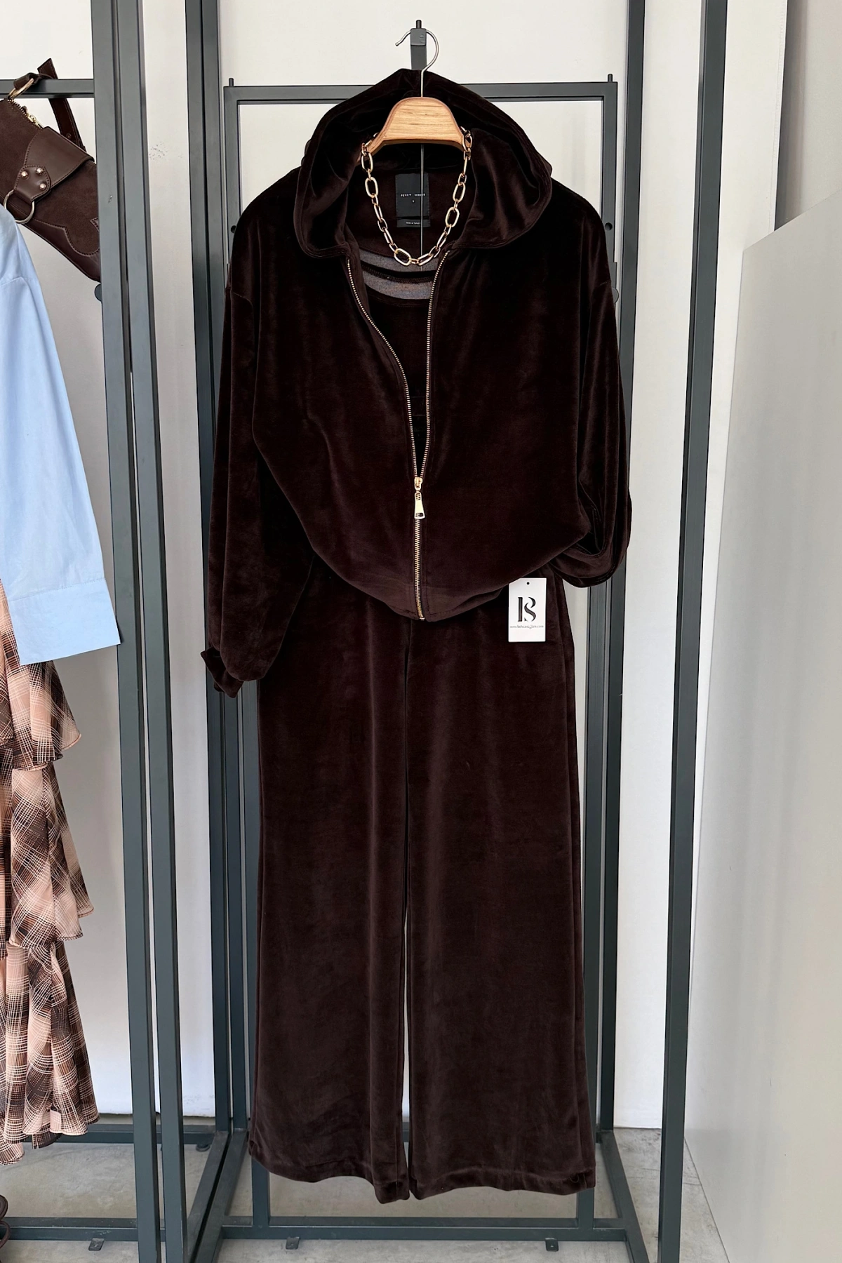 Kadife Üçlü Takım Kahverengi