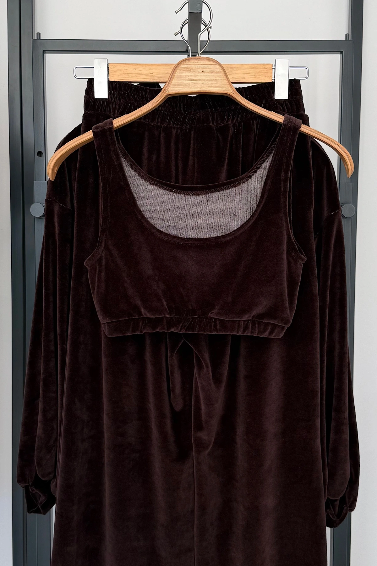 Kadife Üçlü Takım Kahverengi