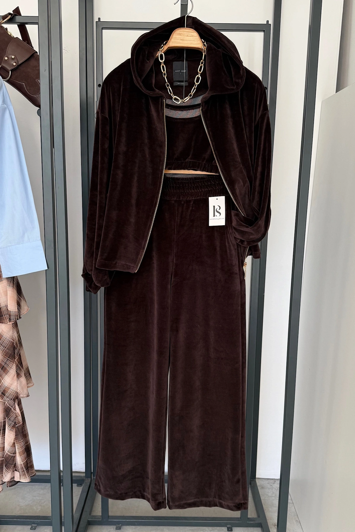 Kadife Üçlü Takım Kahverengi