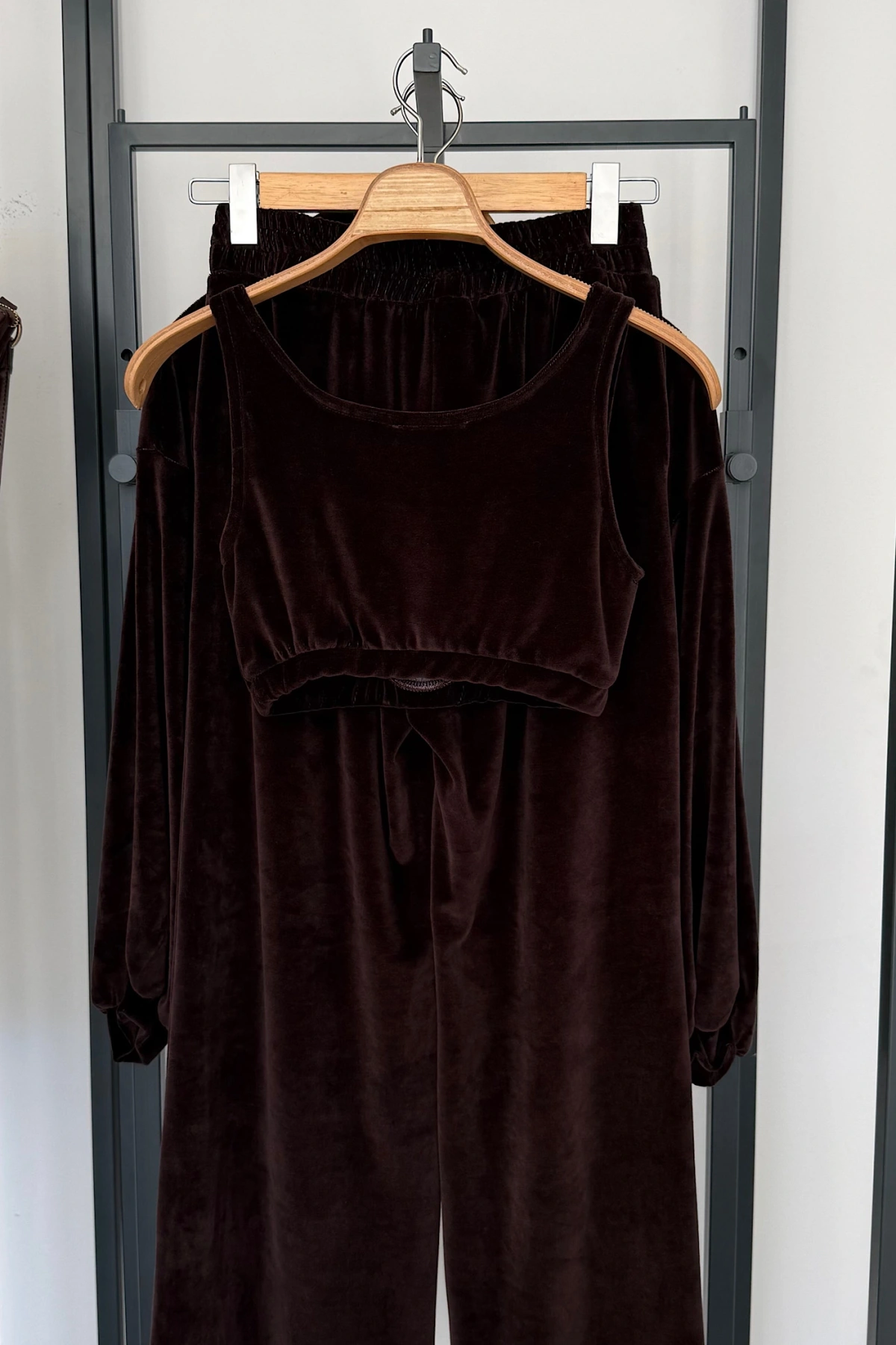 Kadife Üçlü Takım Kahverengi