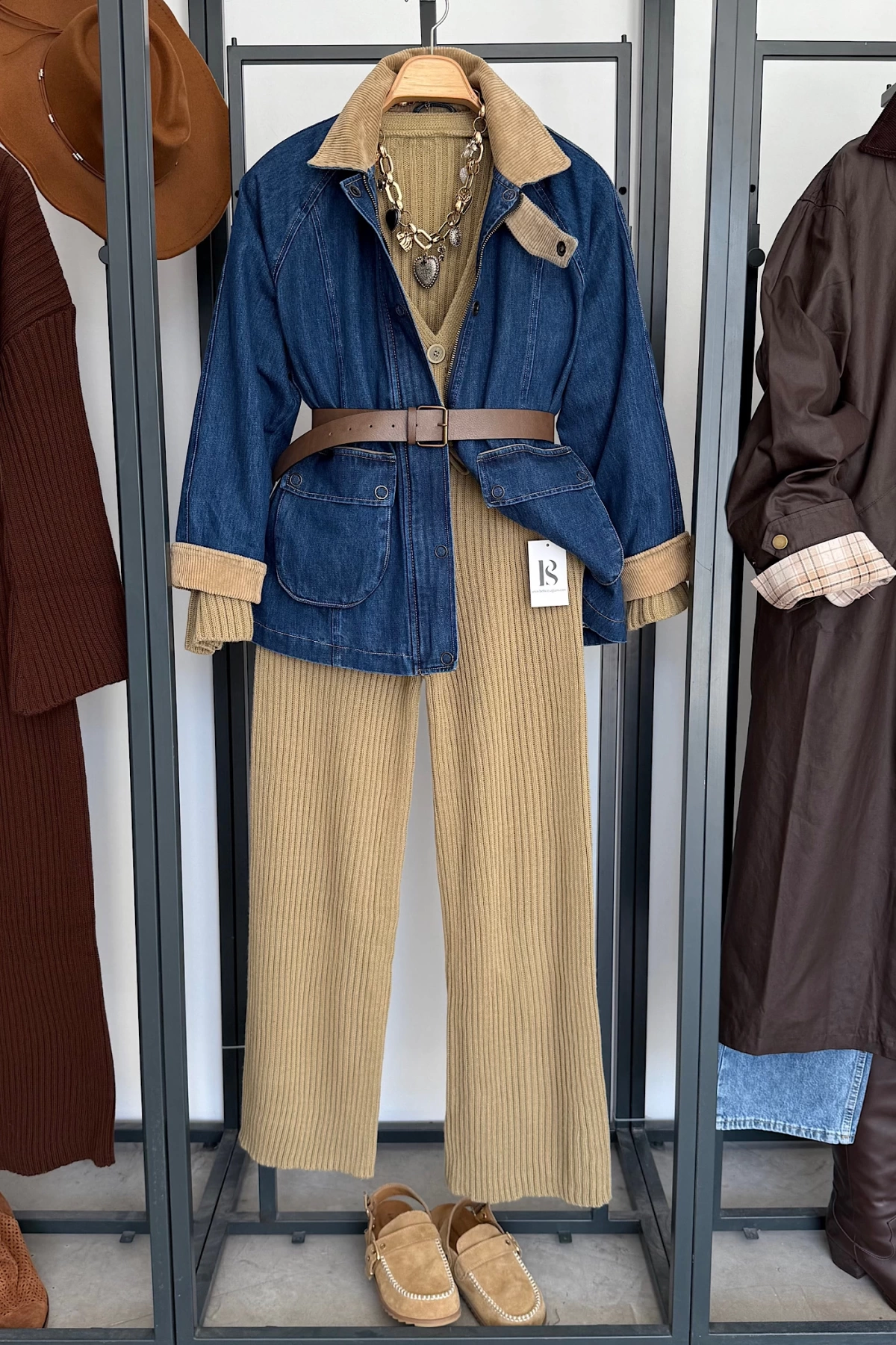 Kadife Yaka Ve Kol Detaylı Denim Ceket Mavi