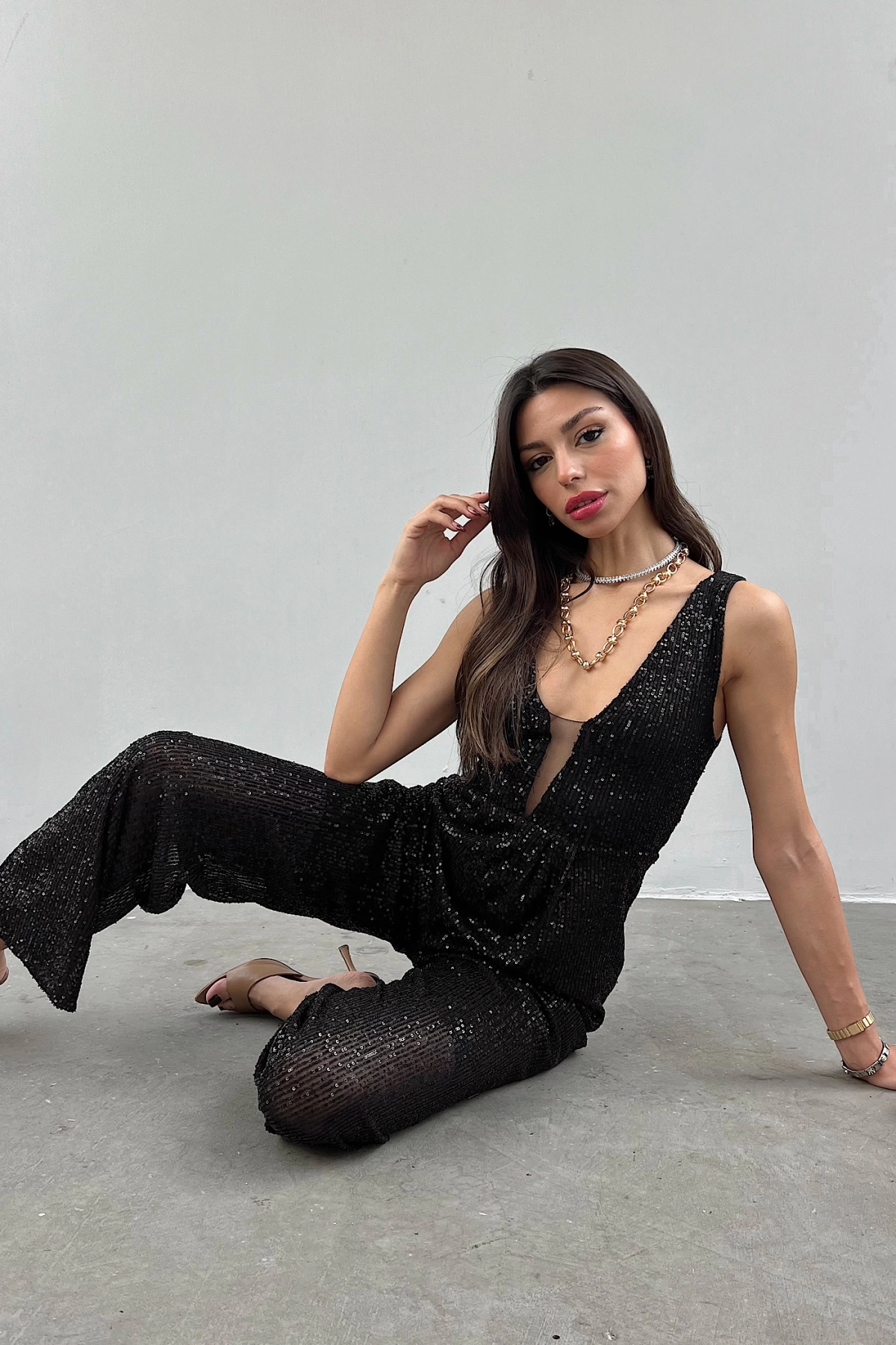 Wide Strap Sequined Jumpsuit / Black