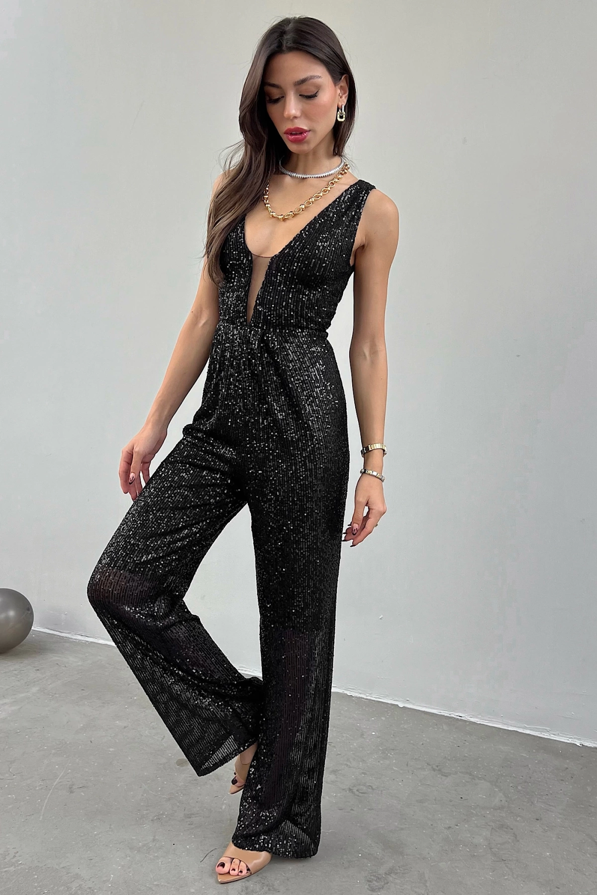 Wide Strap Sequined Jumpsuit / Black