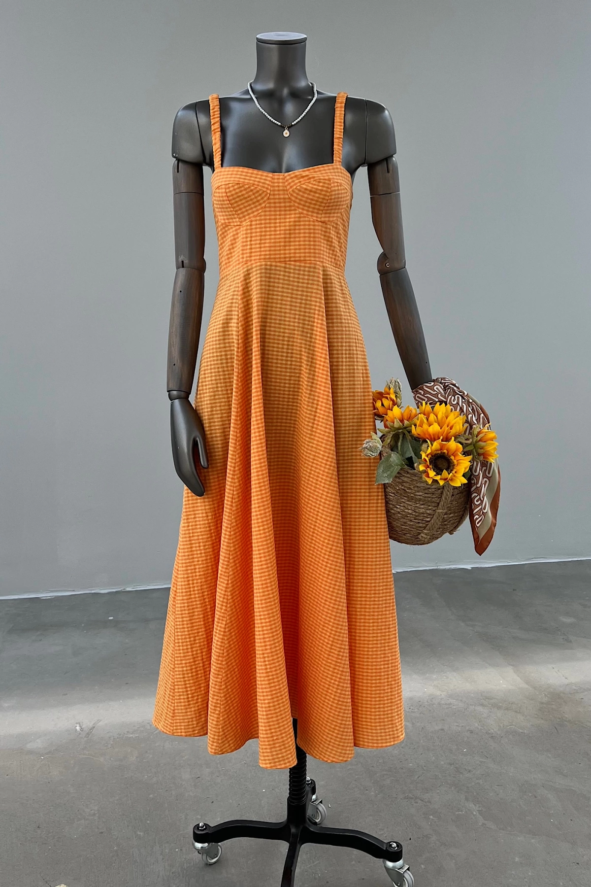 Square Patterned Orange Dress