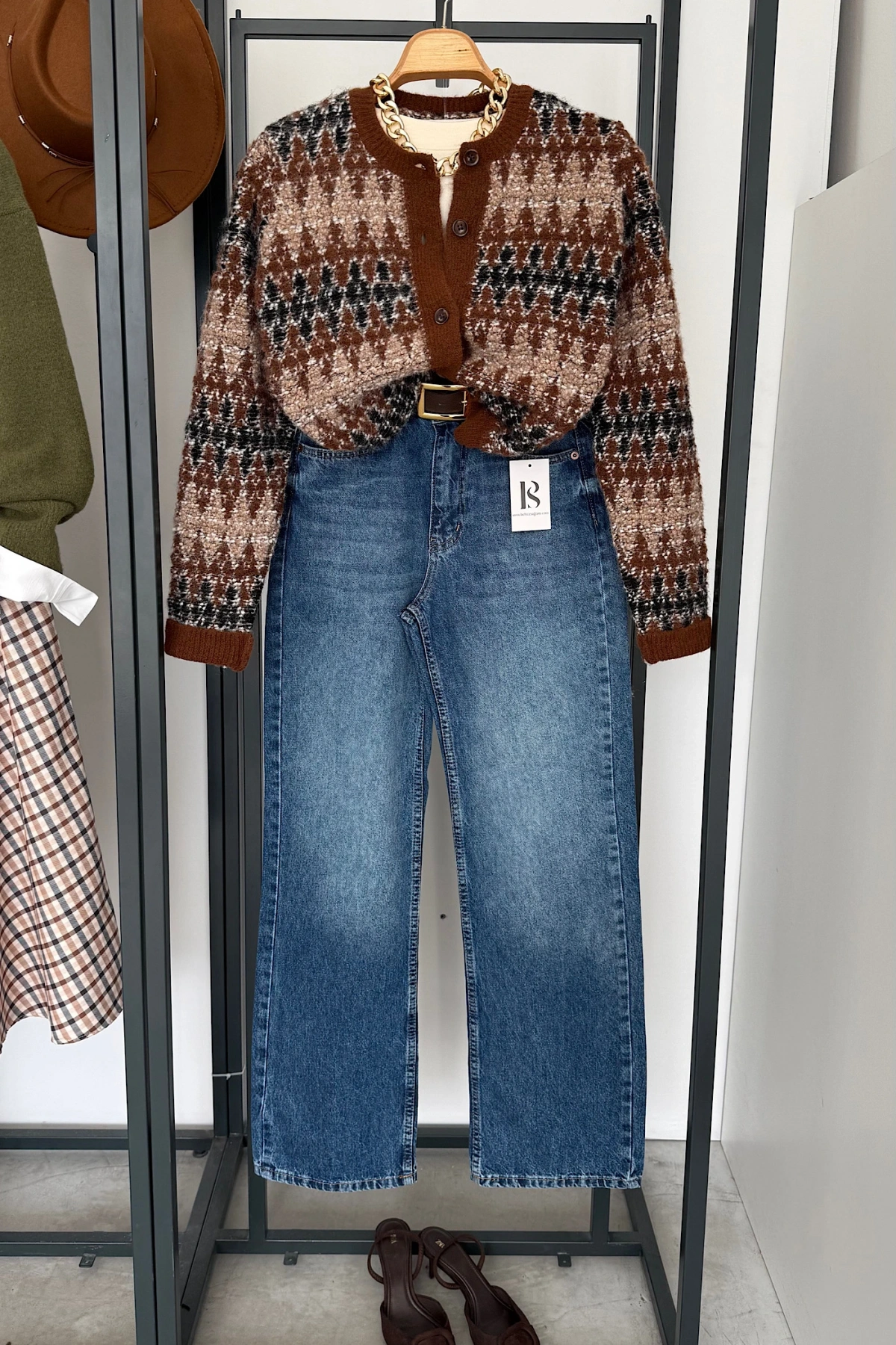 Karışık Desen Hırka Kahverengi