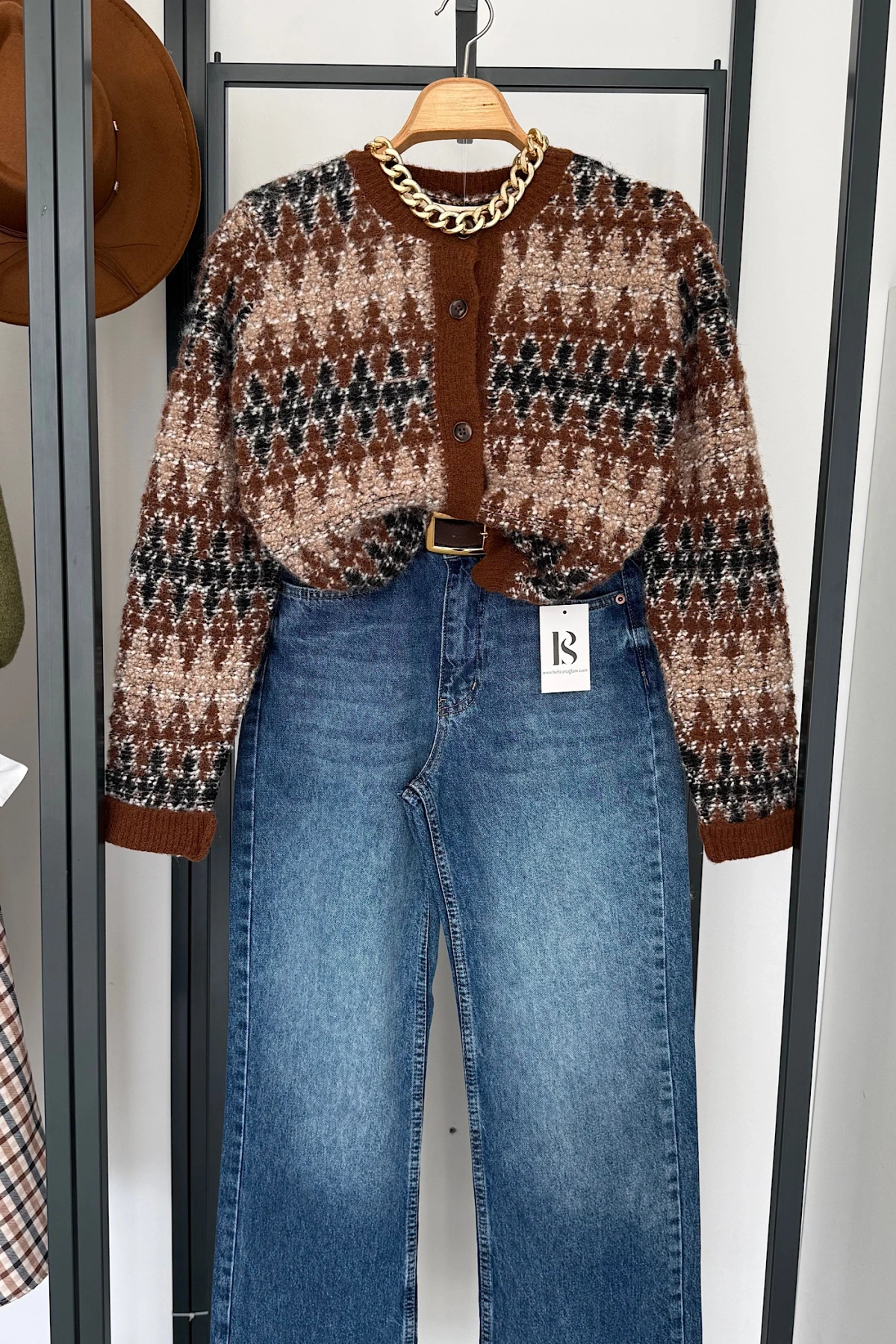 Karışık Desen Hırka Kahverengi